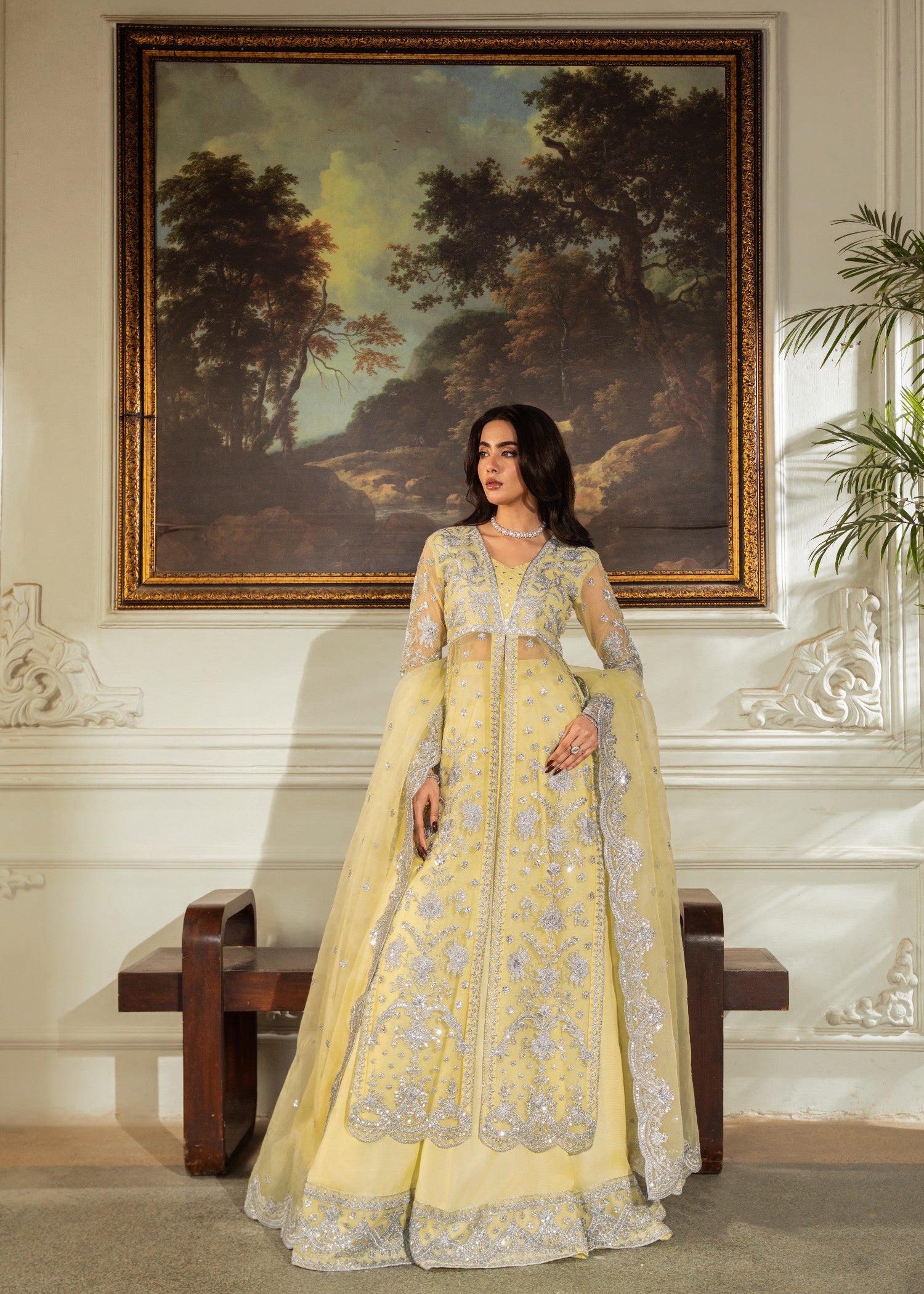 organza Lehenga in Pale yellow