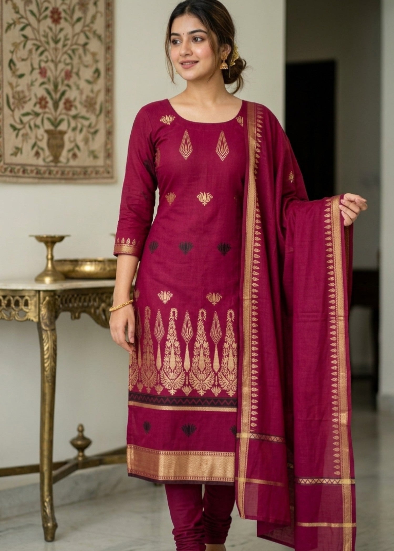 lawn Kurta Set in Blonde, maroon