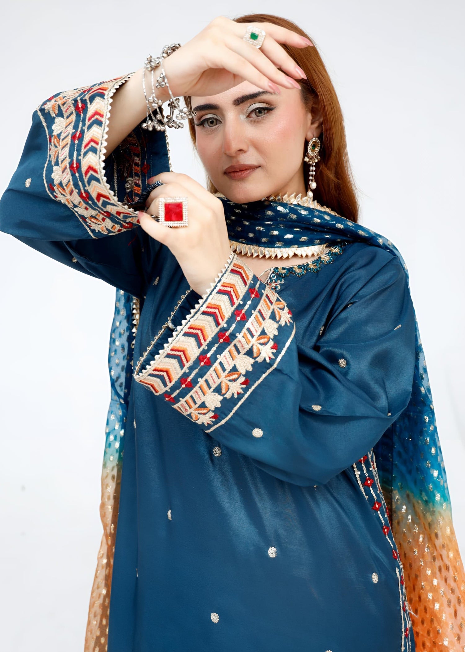 raw silk Kurta Set in Orange, teal, bondi blue