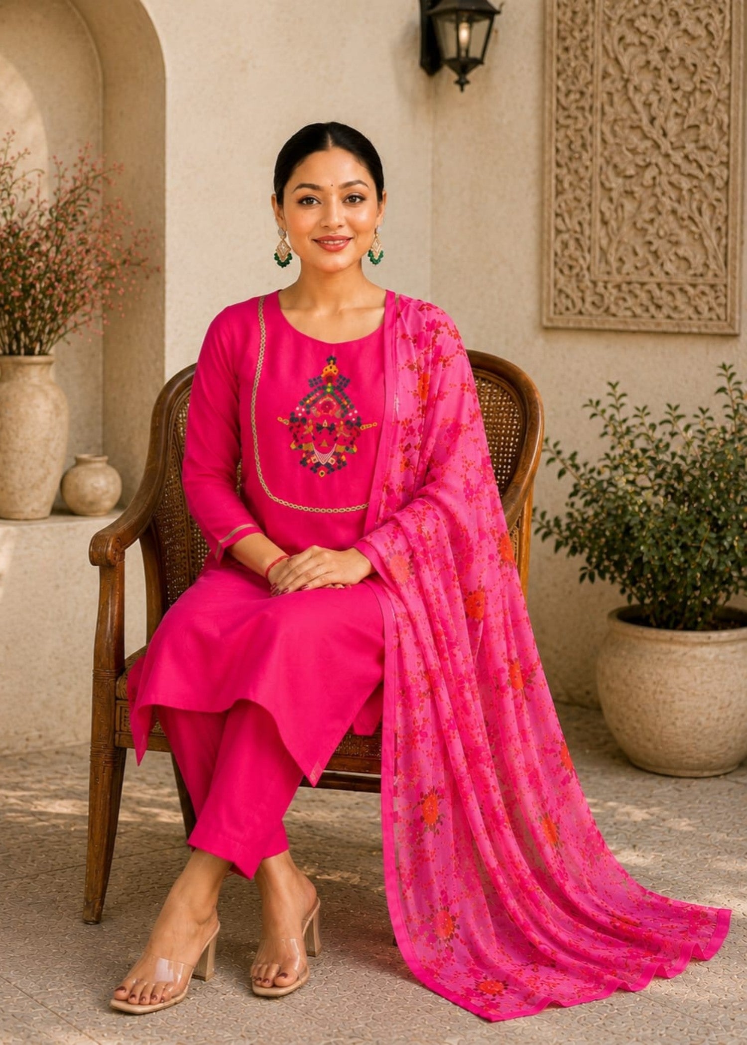 linen Kurta Set in Hot pink