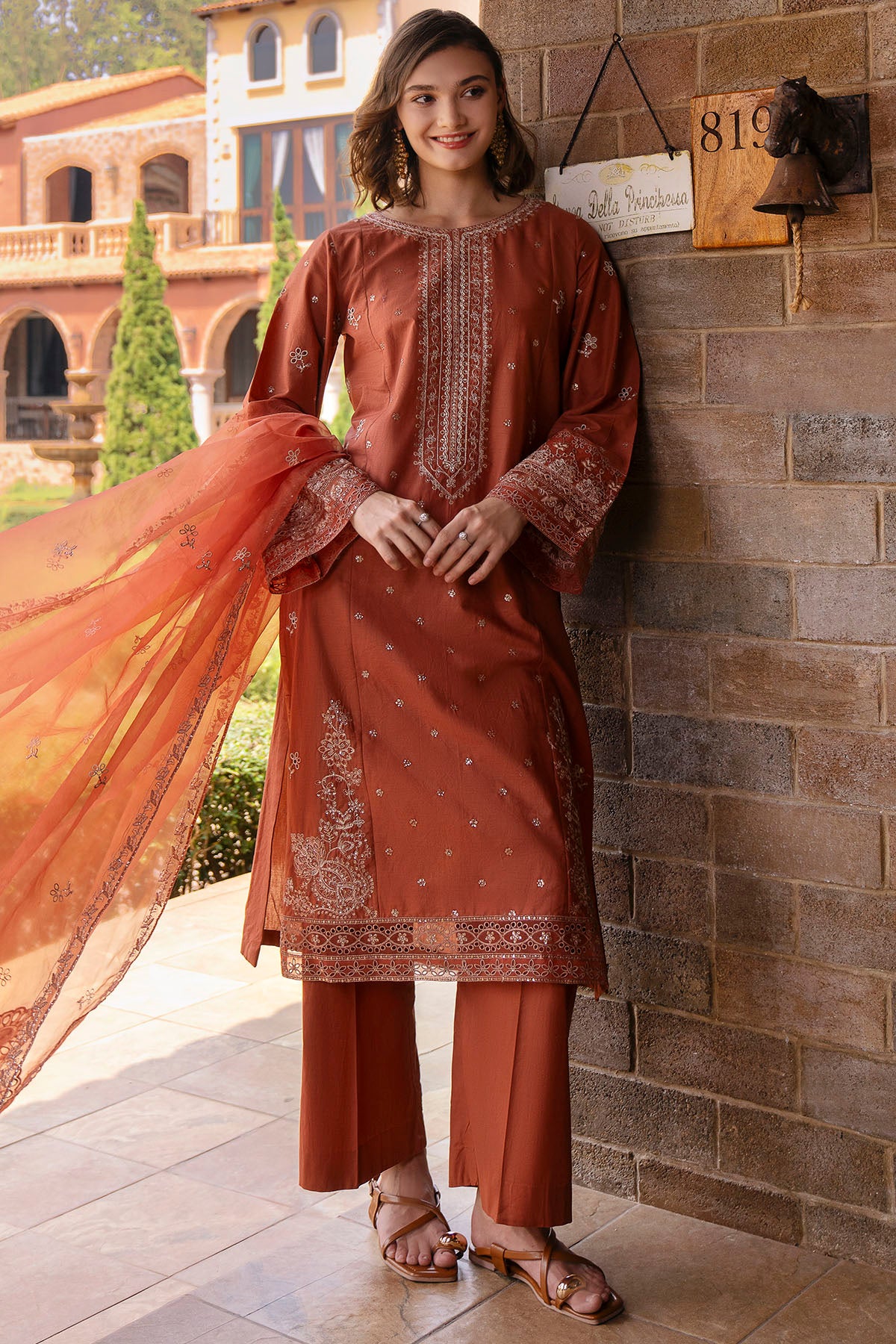 lawn Kurta Set in Flame