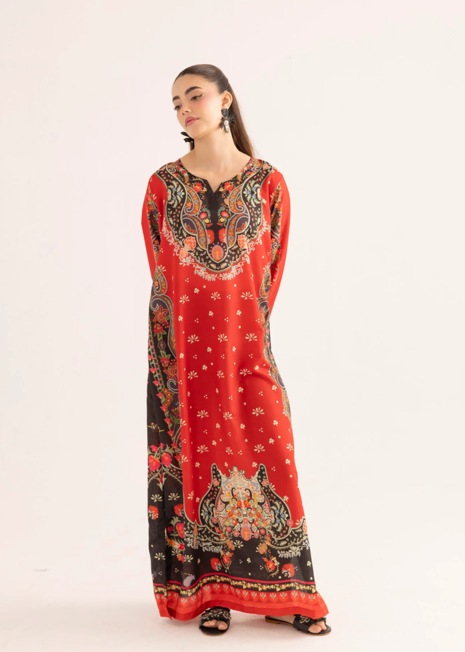 silk finish lawn Kaftan in Sunset orange