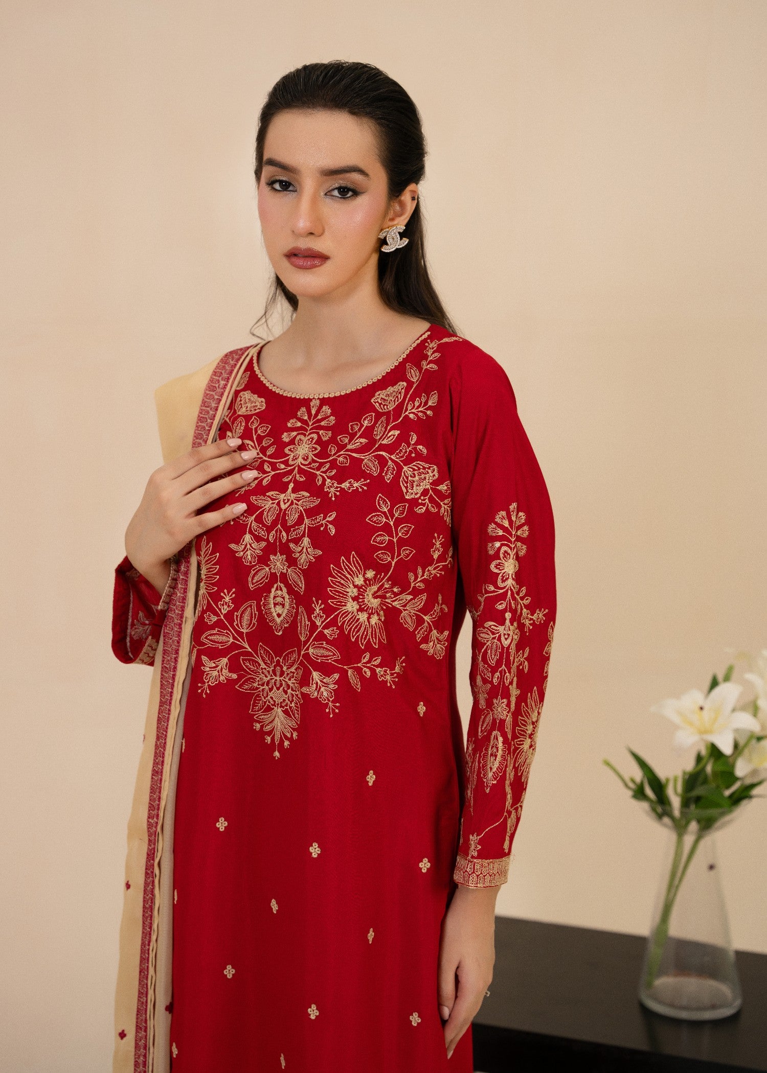raw silk Kurta Set in Tomato red