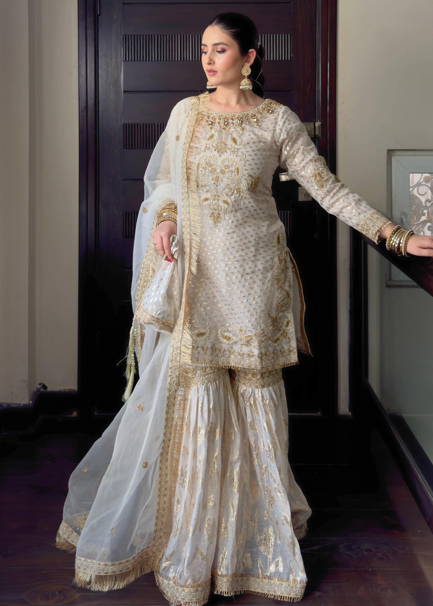 zari organza Gharara in White