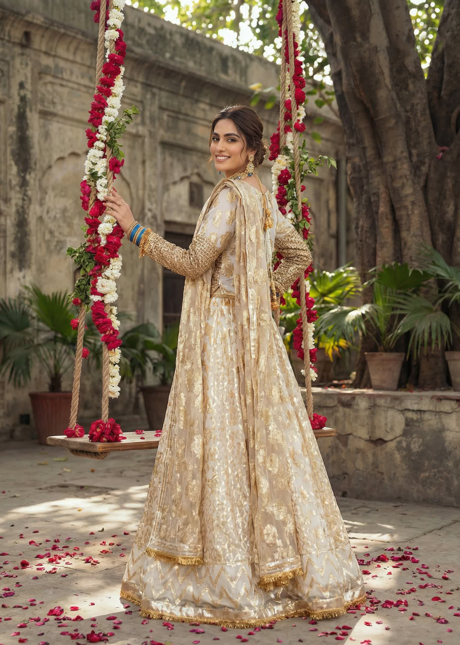 raw silk Lehenga in Gold