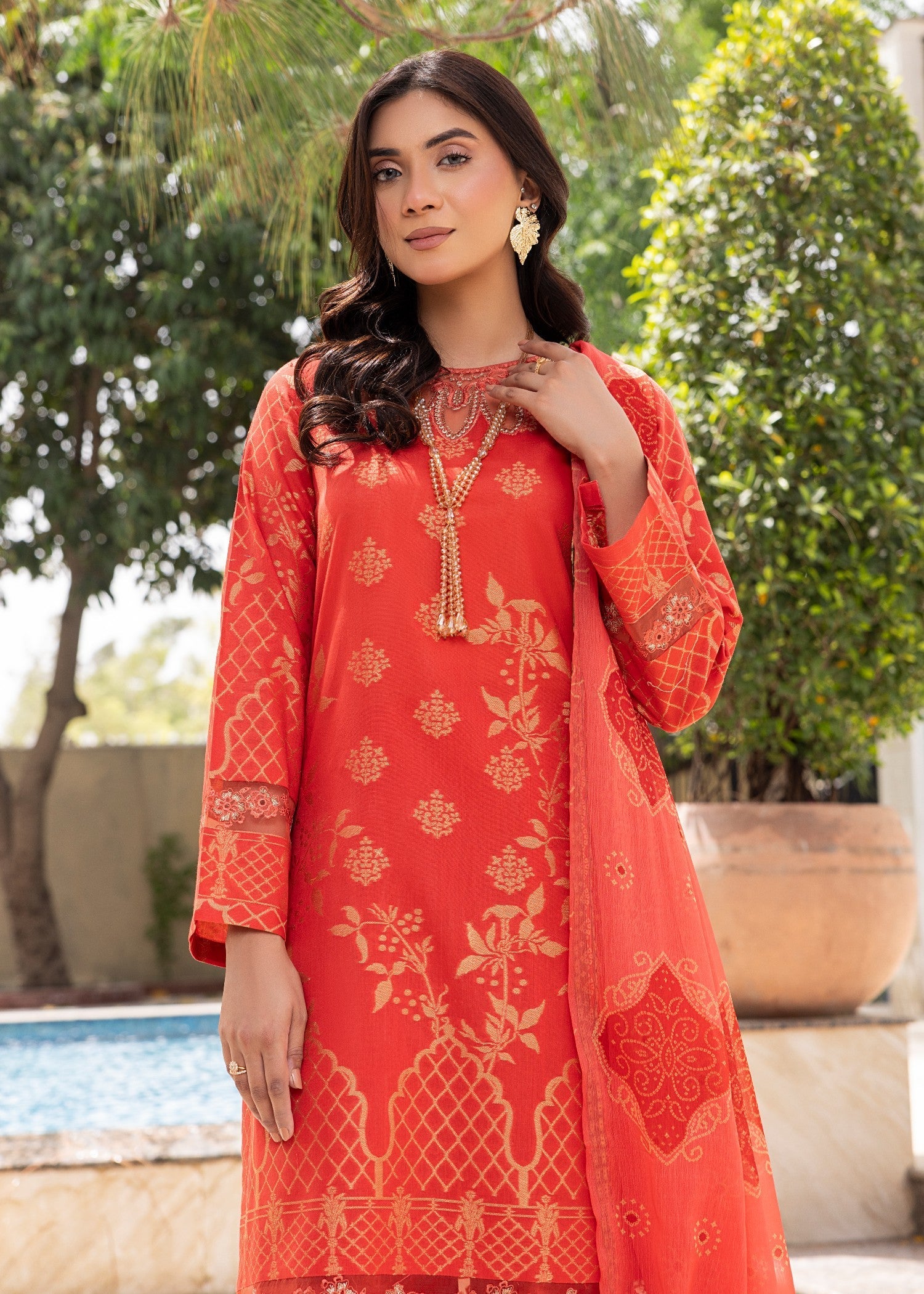 jacquard Kurta Set in Orange