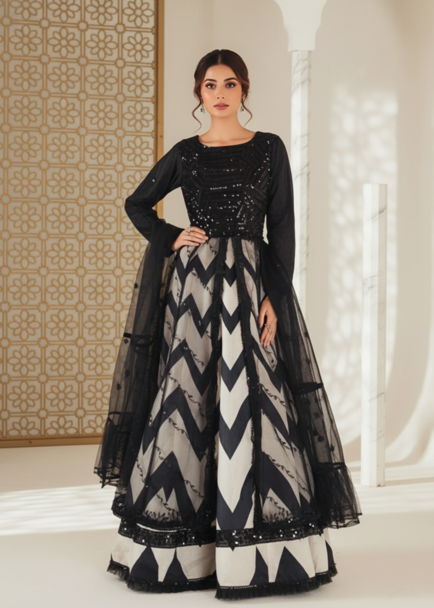 net Lehenga in White, black