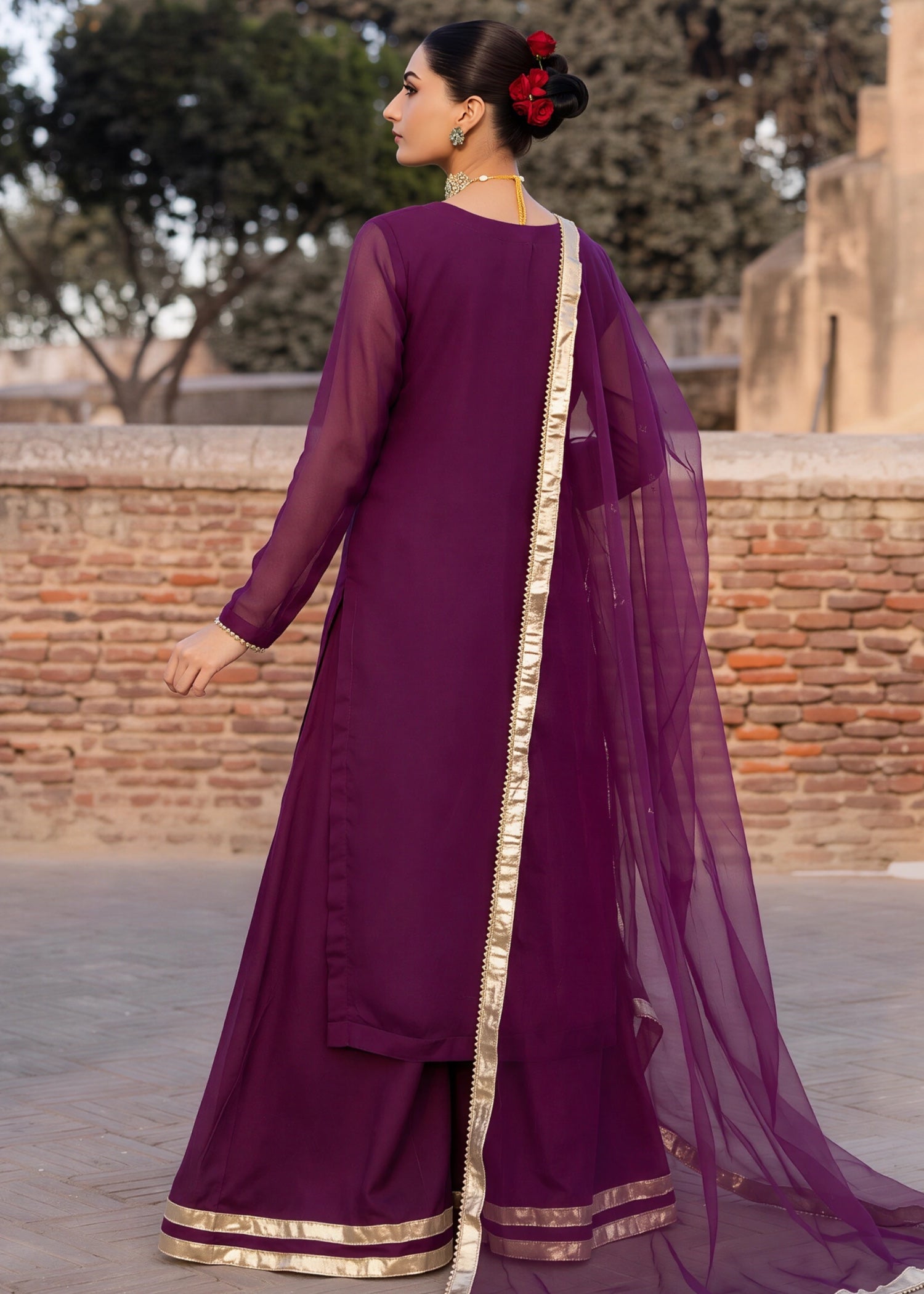 chiffon Kurta Set in Plum purple