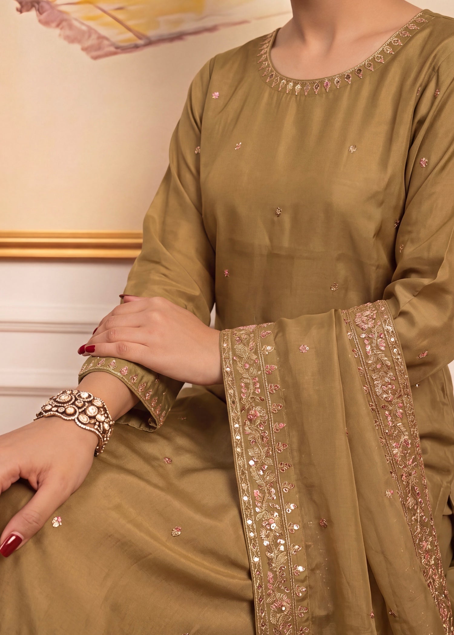 silk Kurta Set in Golden brown