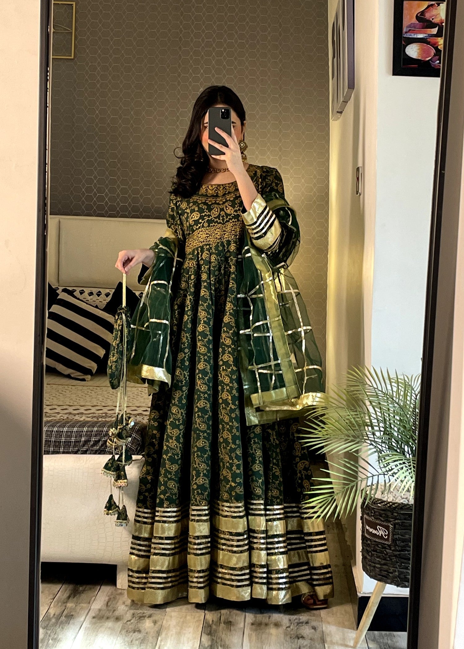 satin silk Anarkali in Bottle green