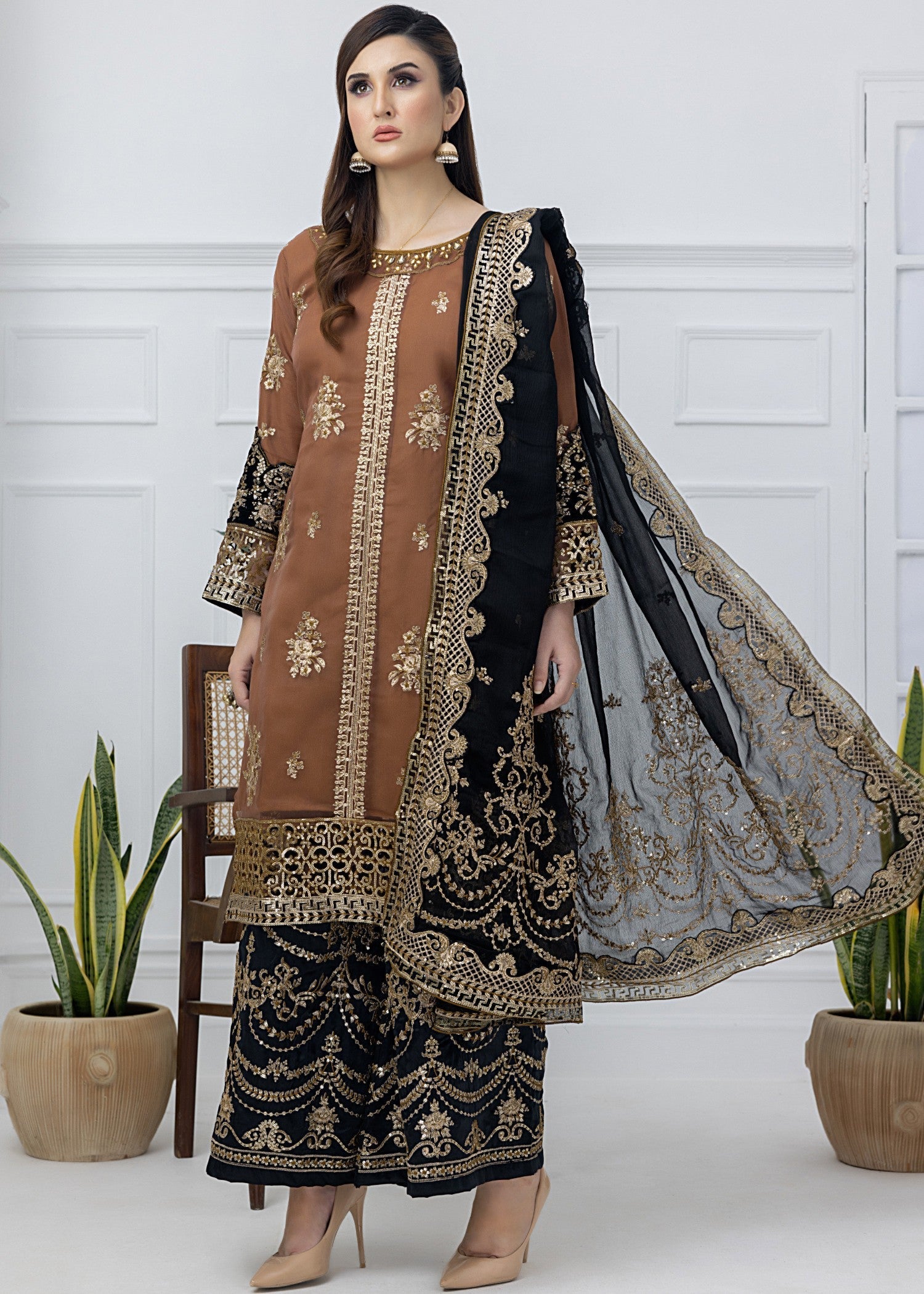 organza Kurta Set in Camel brown