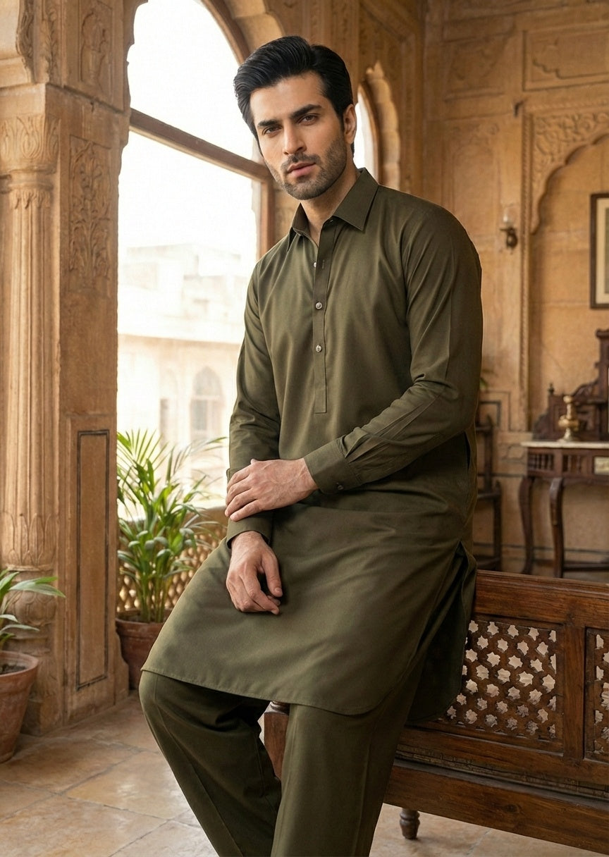 wash & wear Shalwar Kameez in Army green