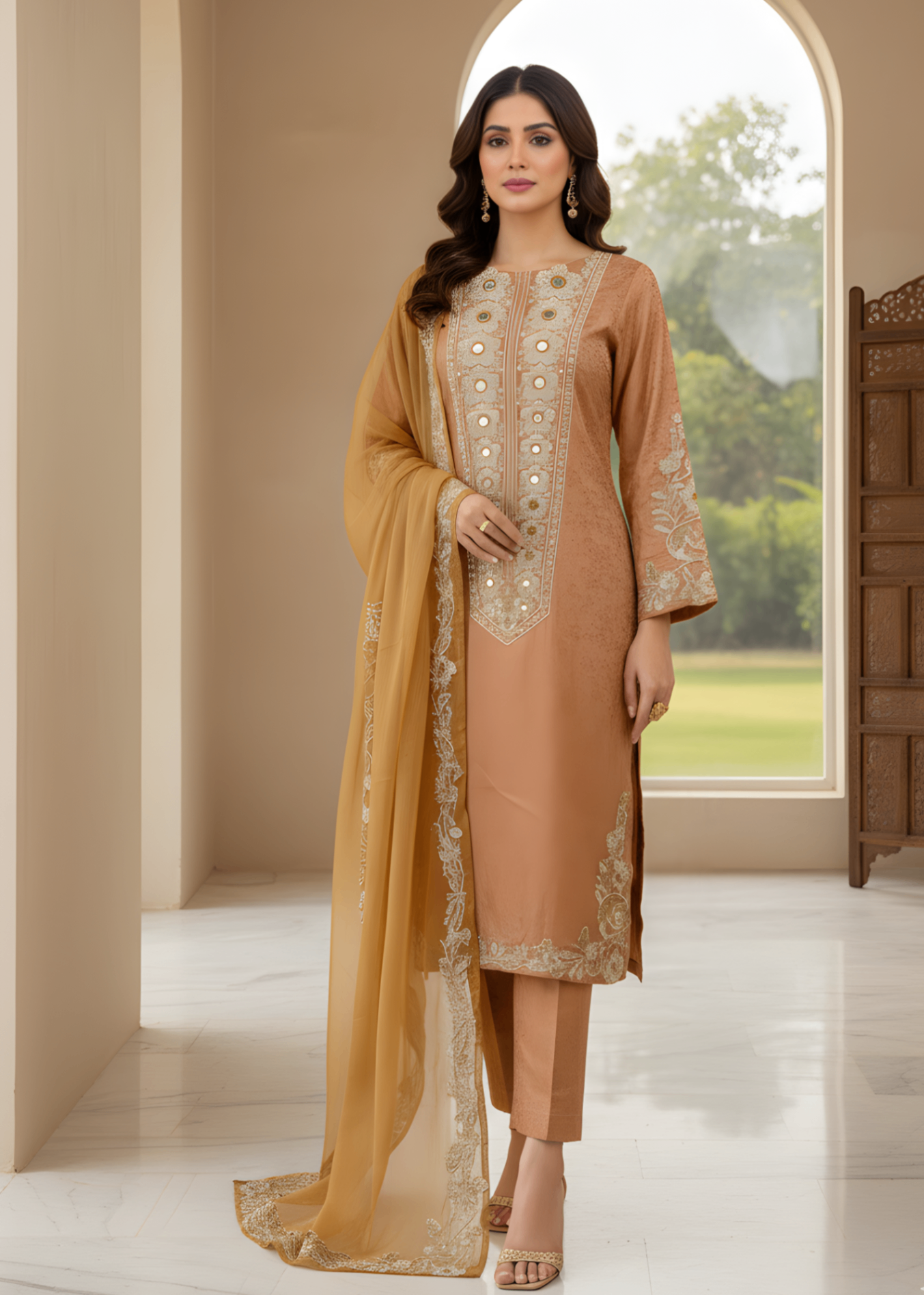 jacquard viscose Kurta Set in Brown