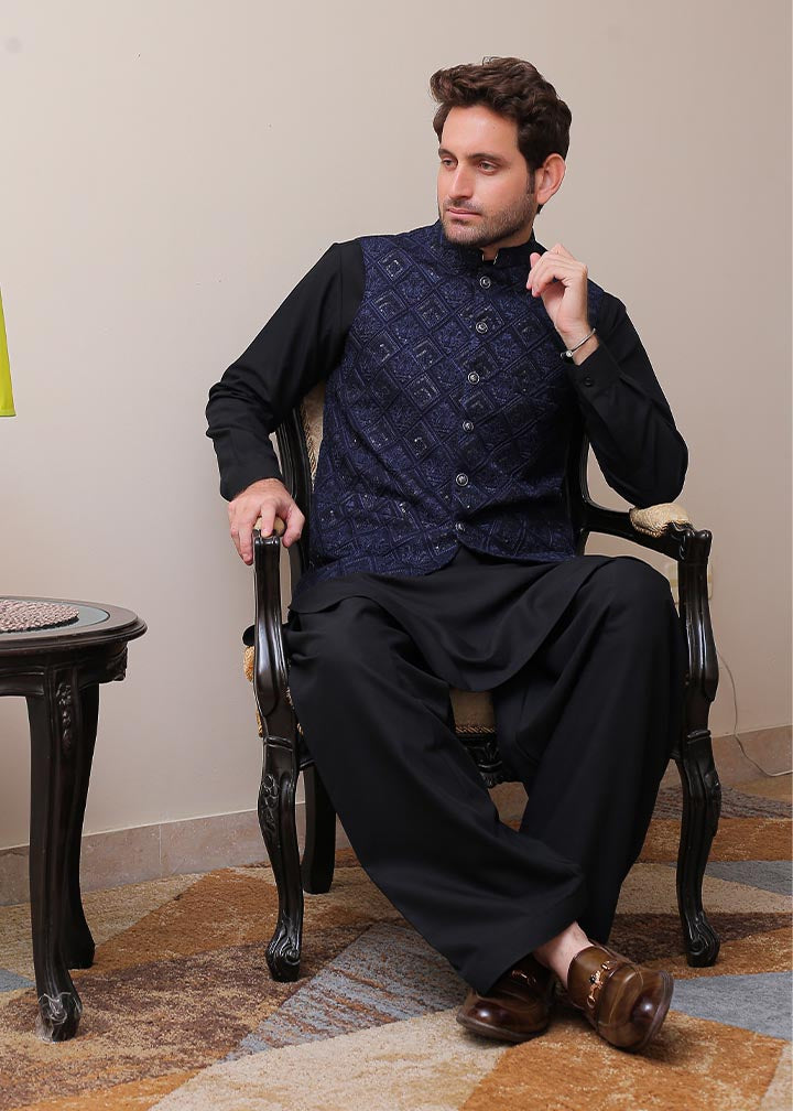 banarsi silk Waistcoat in Navy blue
