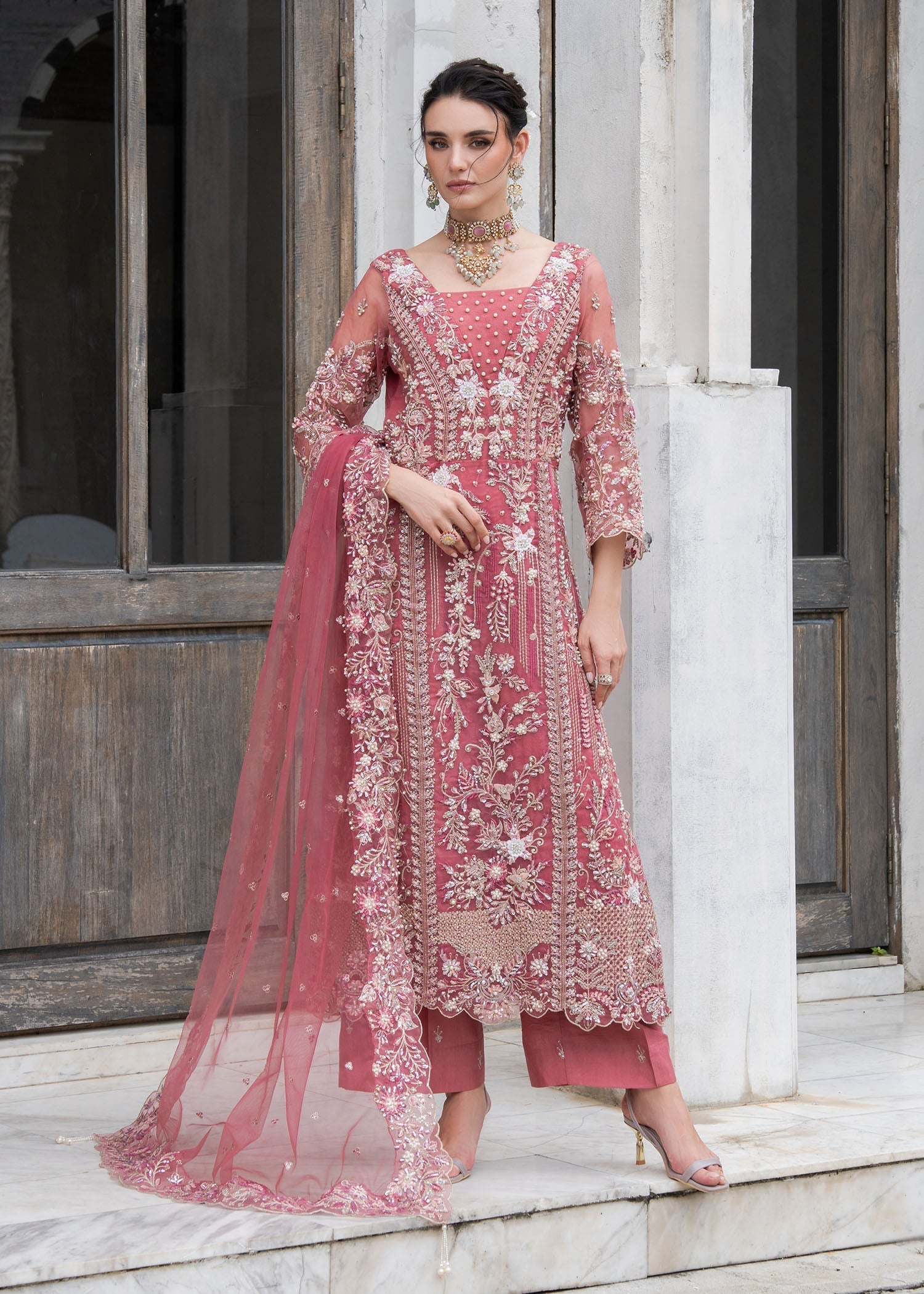 organza Kurta Set in Tea rose pink