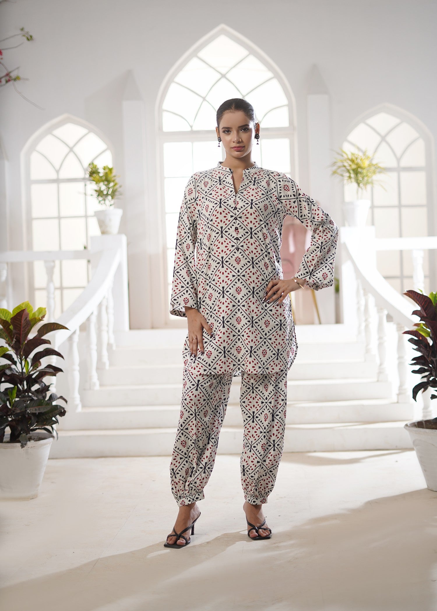 lawn Co Ord Sets in Black, red, off-white