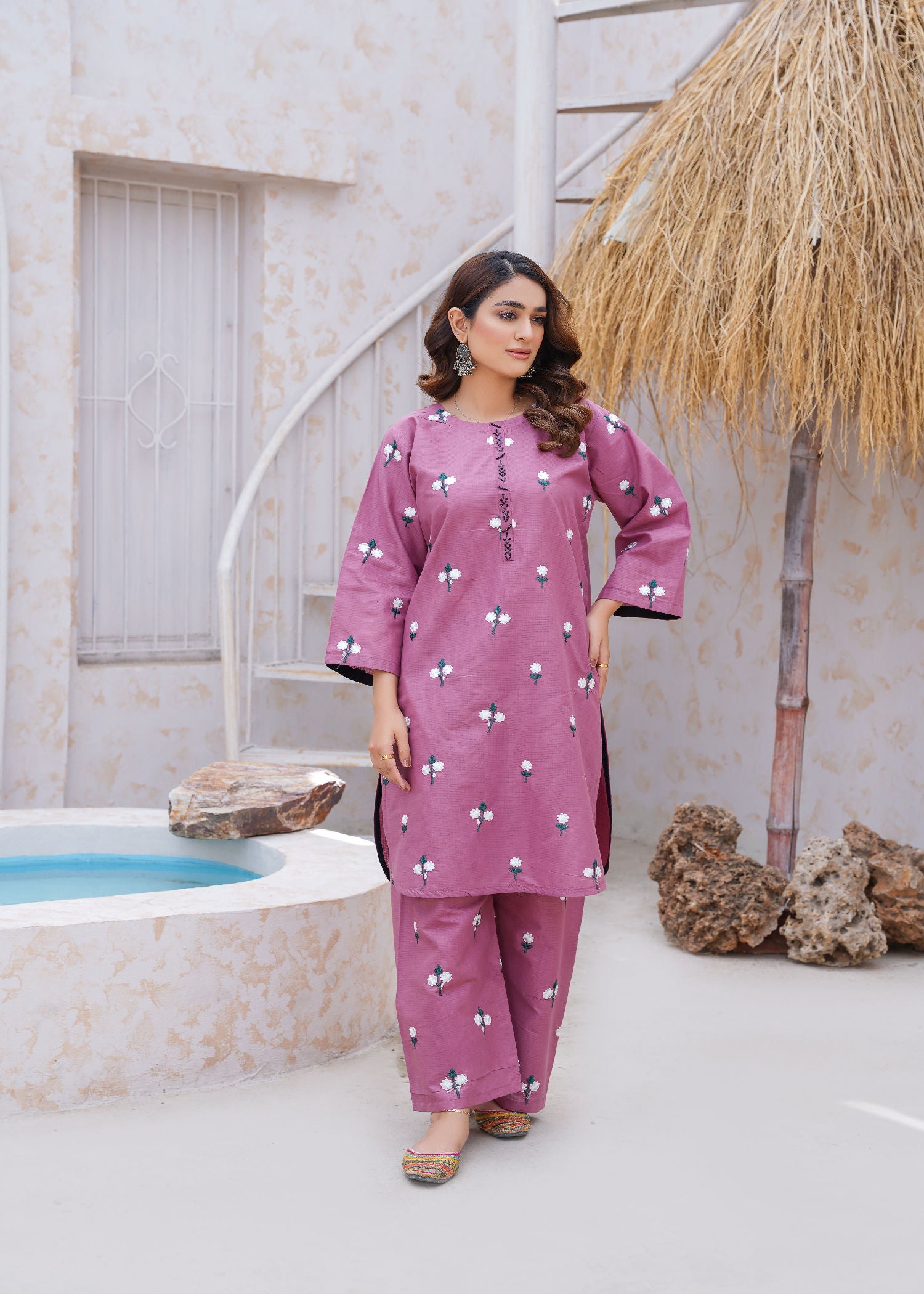 cotton dobby Kurta Set in Mauve pink