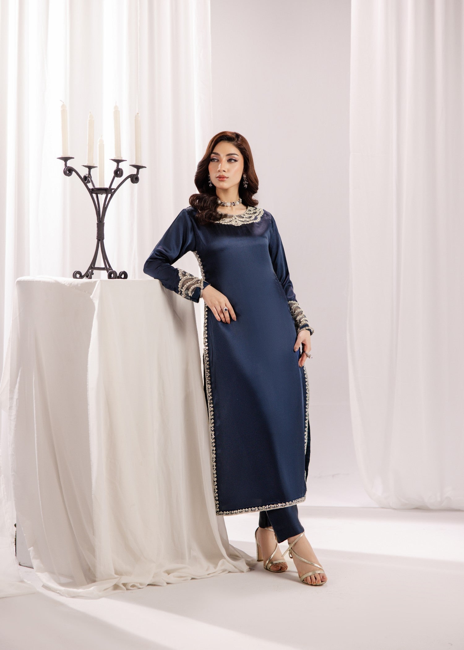 silk Kurta Set in Prussian blue