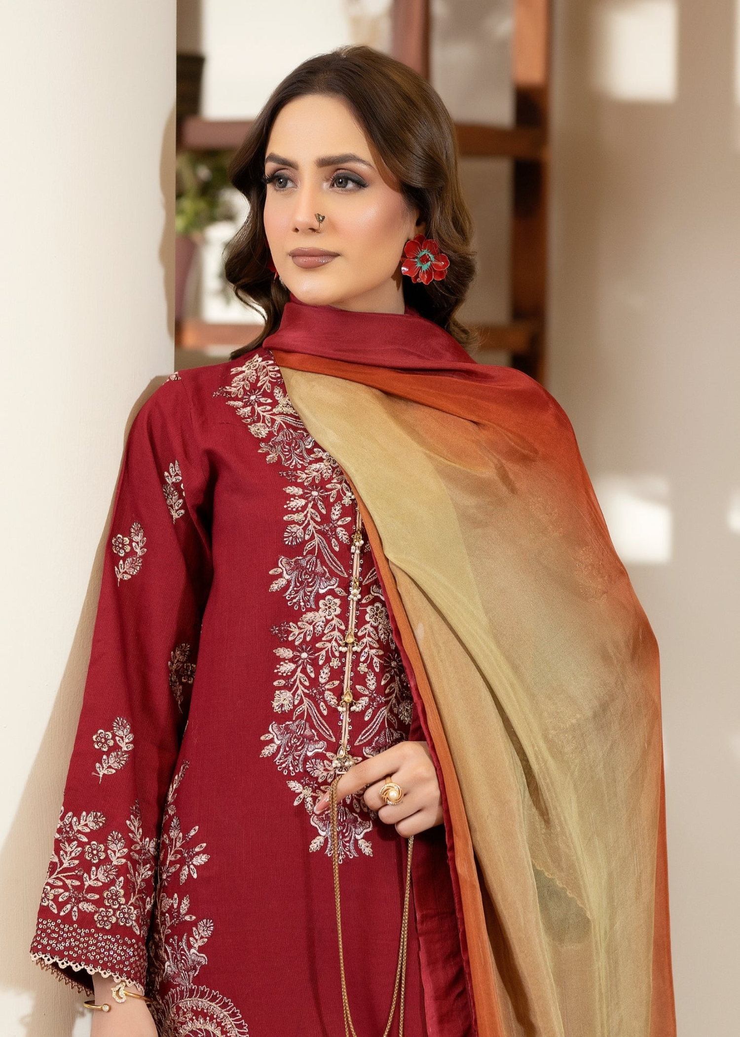 self jacquard Kurta Set in Red