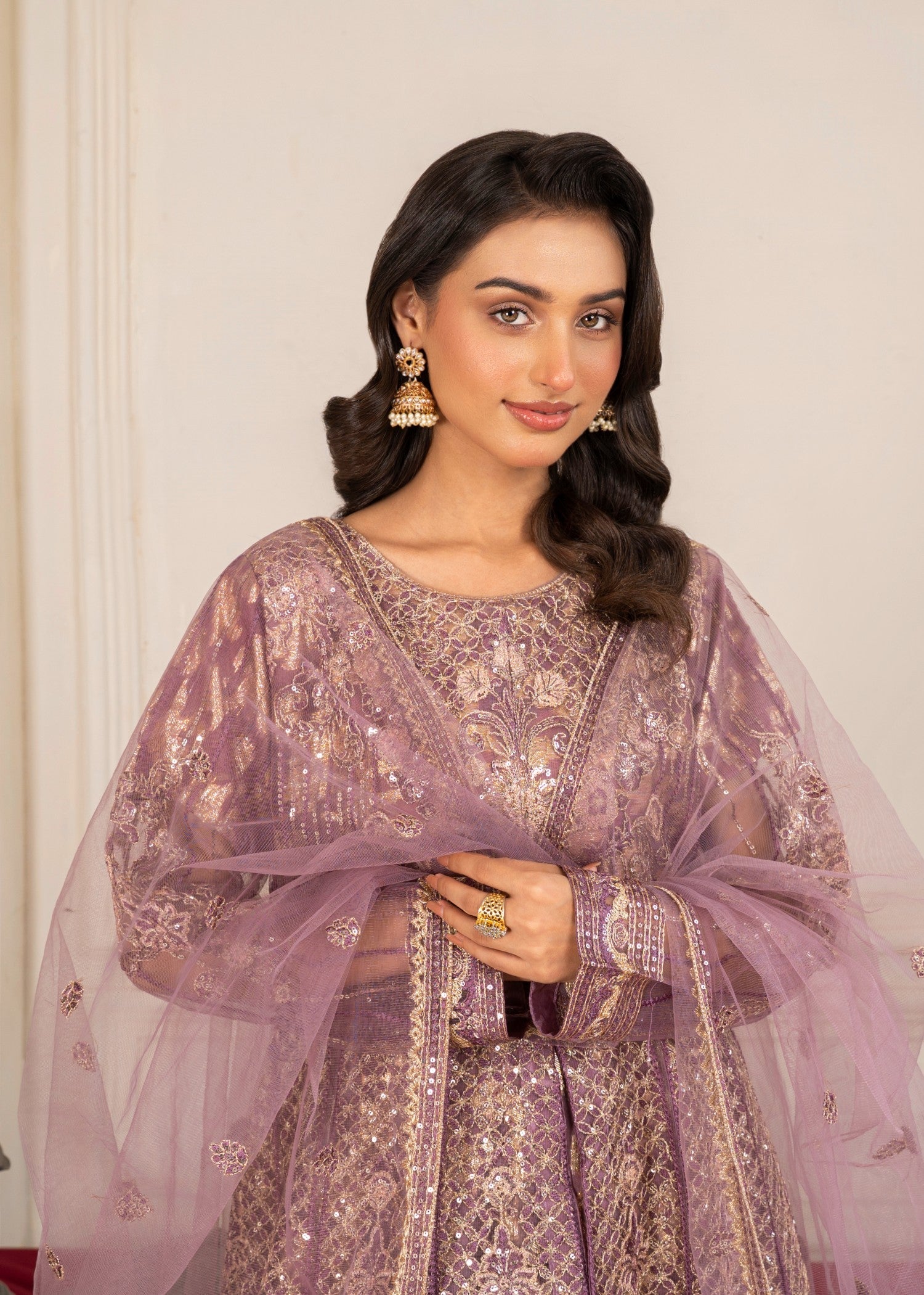 organza zari jacquard Pishwas in Lilac