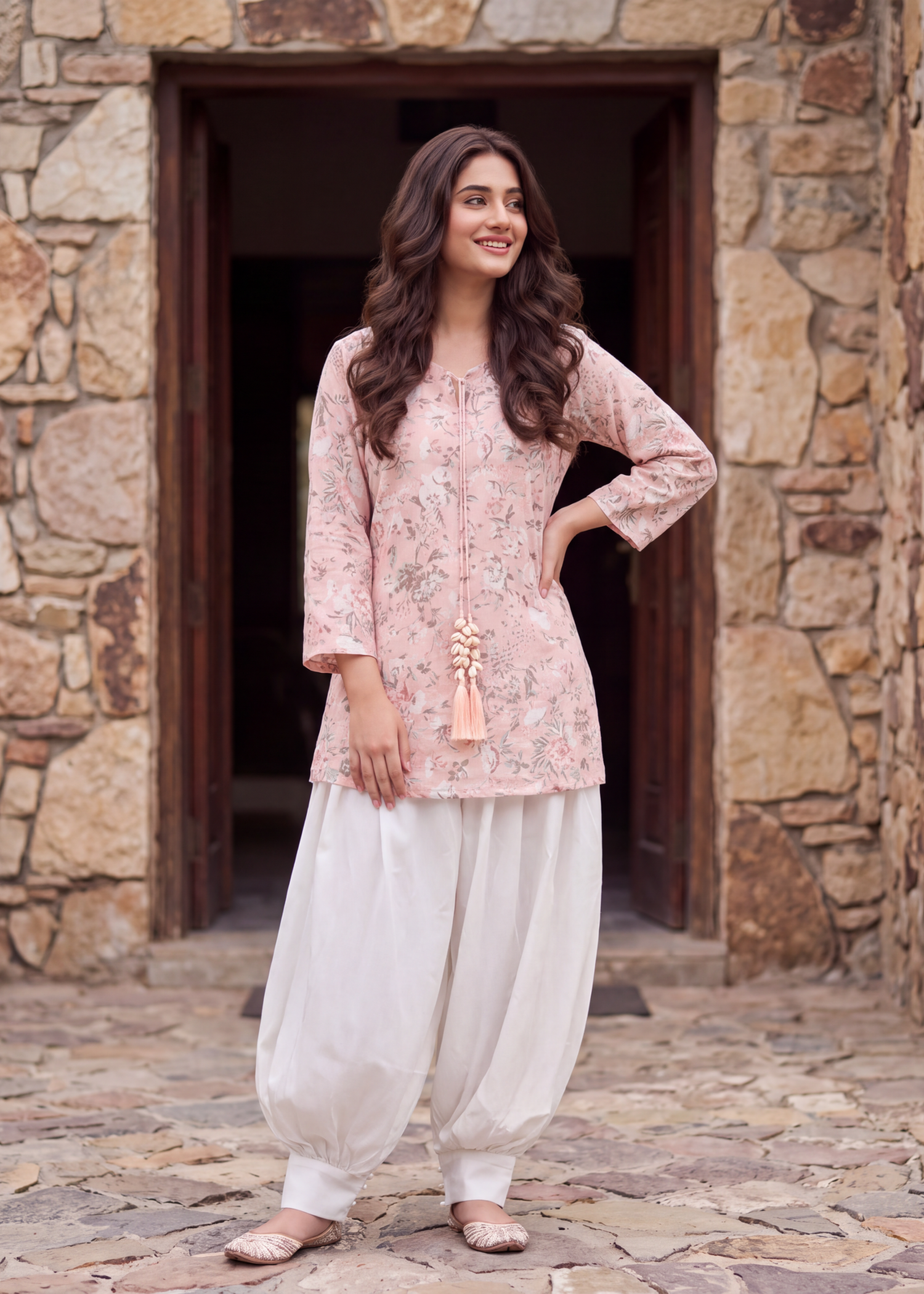 lawn Kurta Set in White, pink lace