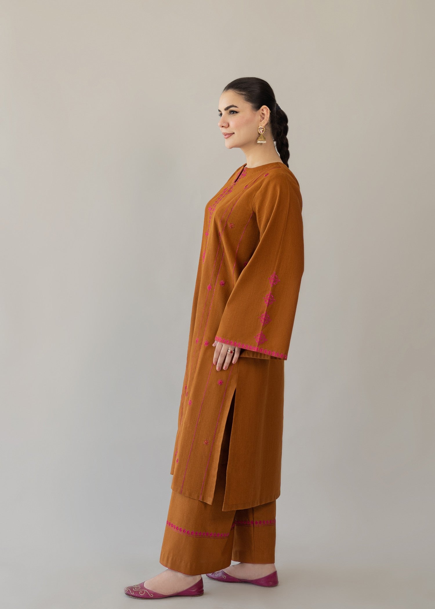 slub khaddar Kurta Set in Brown