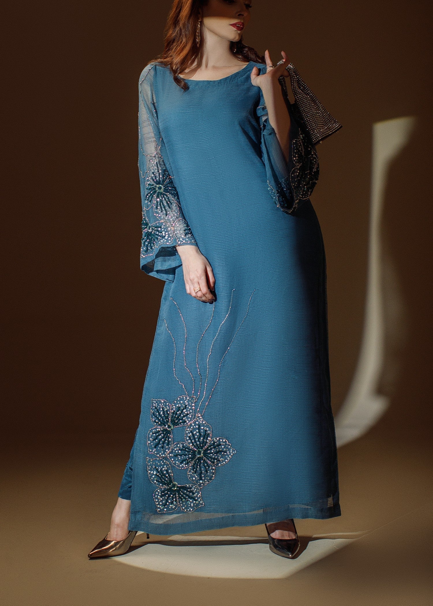 zari organza Kurta Set in Teal
