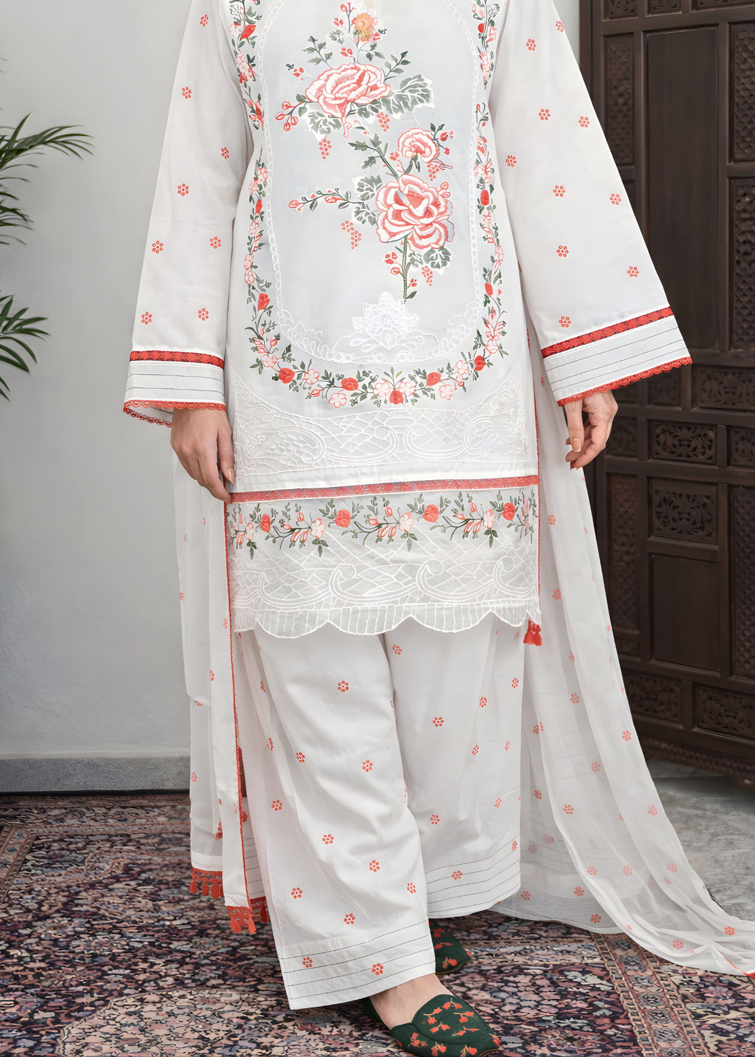 lawn cotton Kurta Set in White