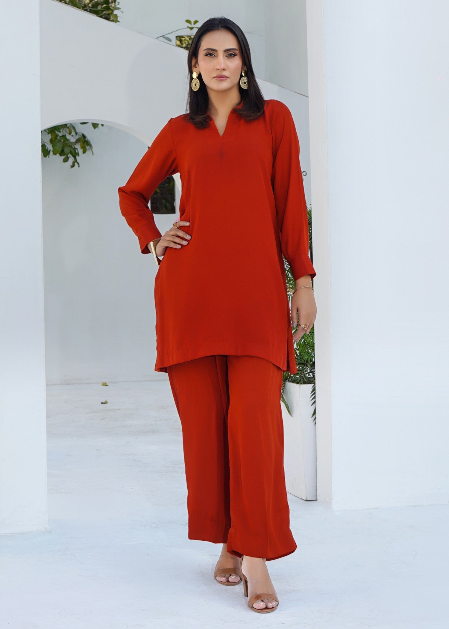 silk georgette Co Ord Sets in Rustic red