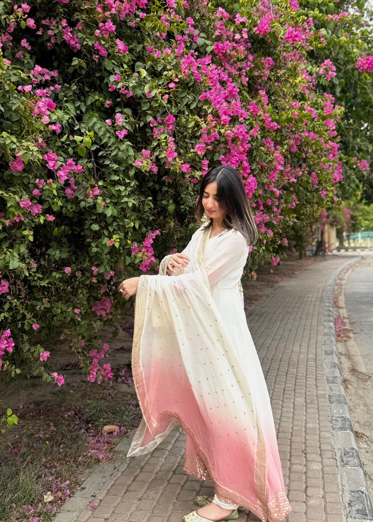 chiffon Pishwas in Tea rose pink, ivory