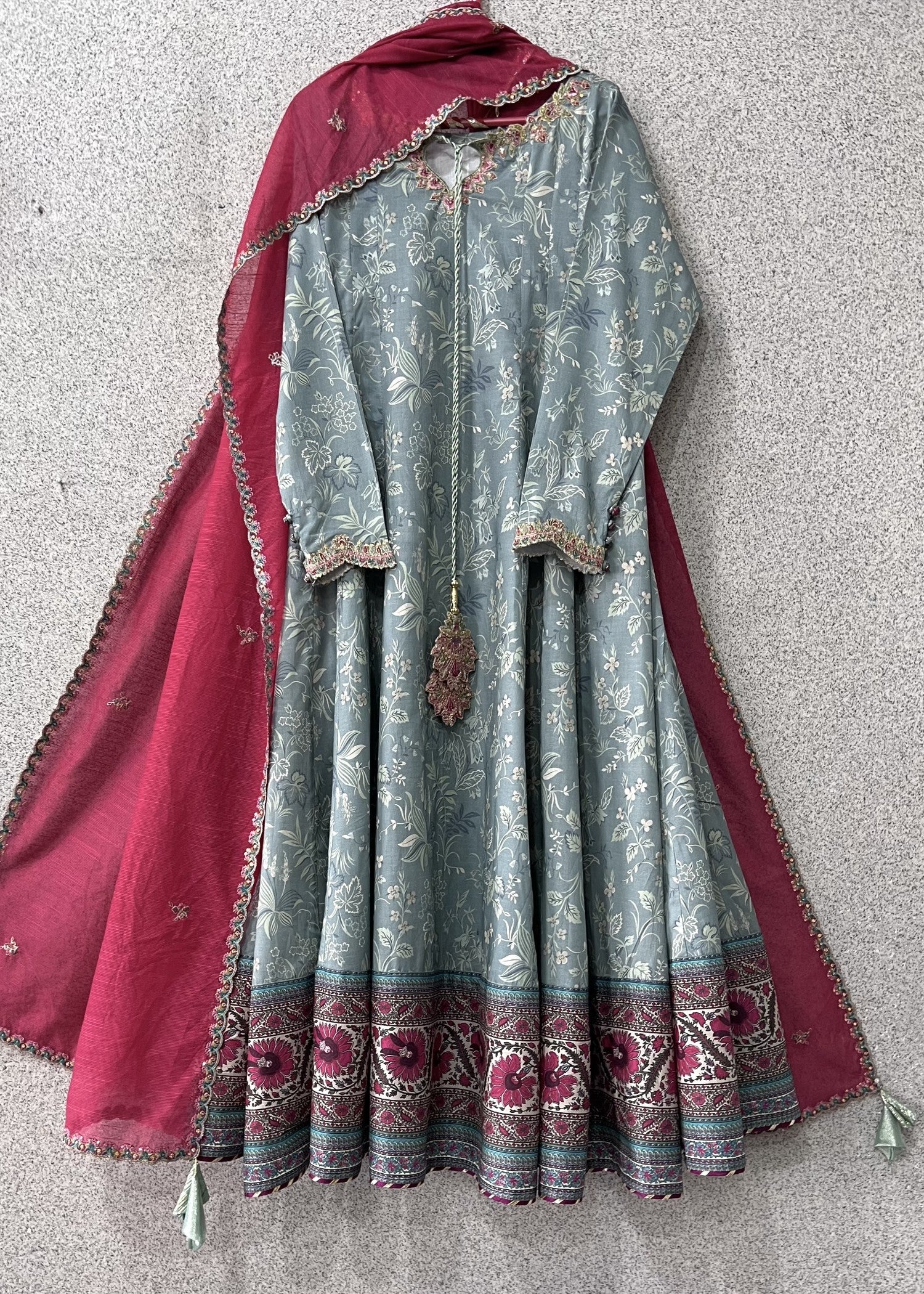 lawn Anarkali in Shocking pink, steel teal