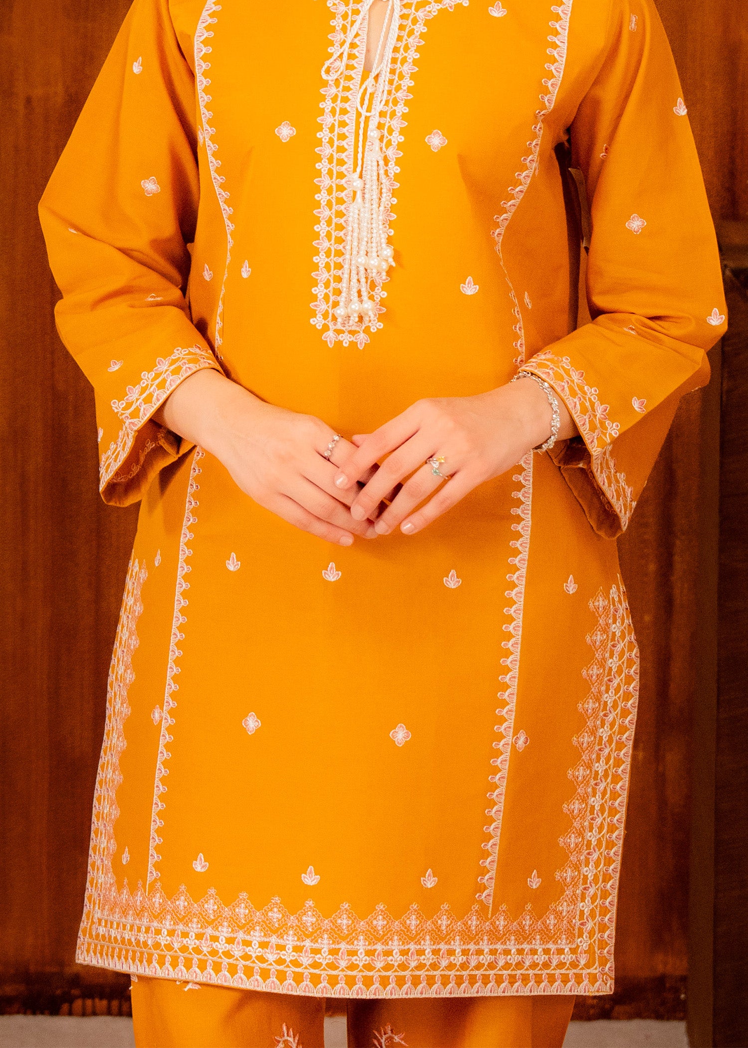 lawn Kurta Set in White, mustard