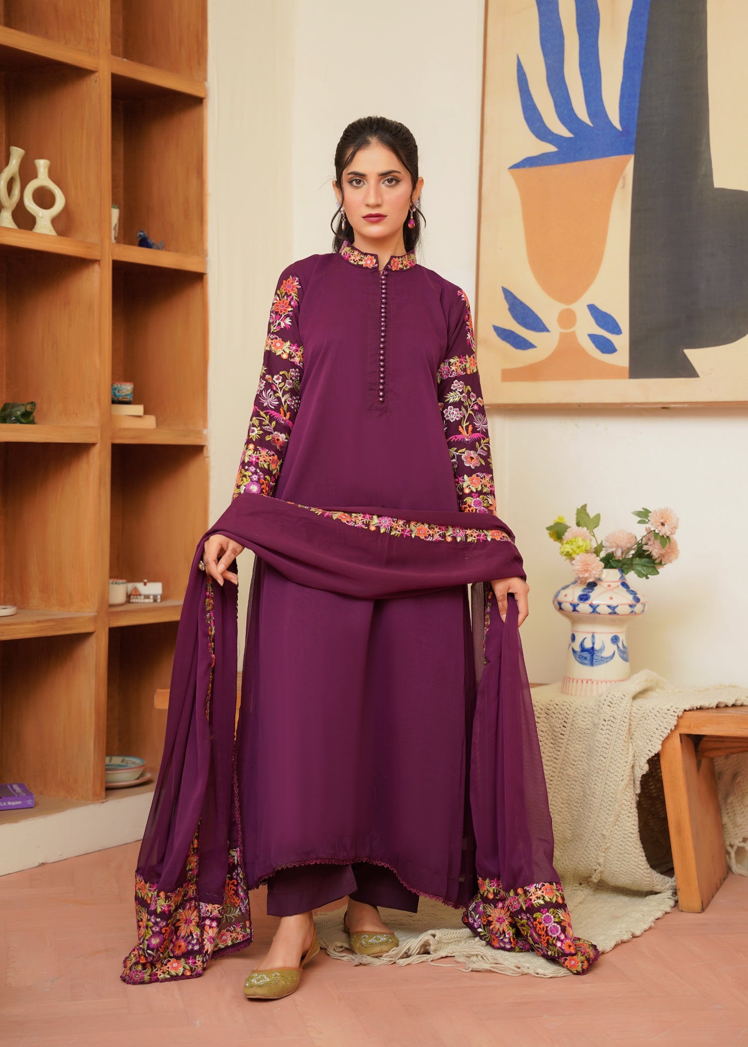 chiffon Pishwas in Plum