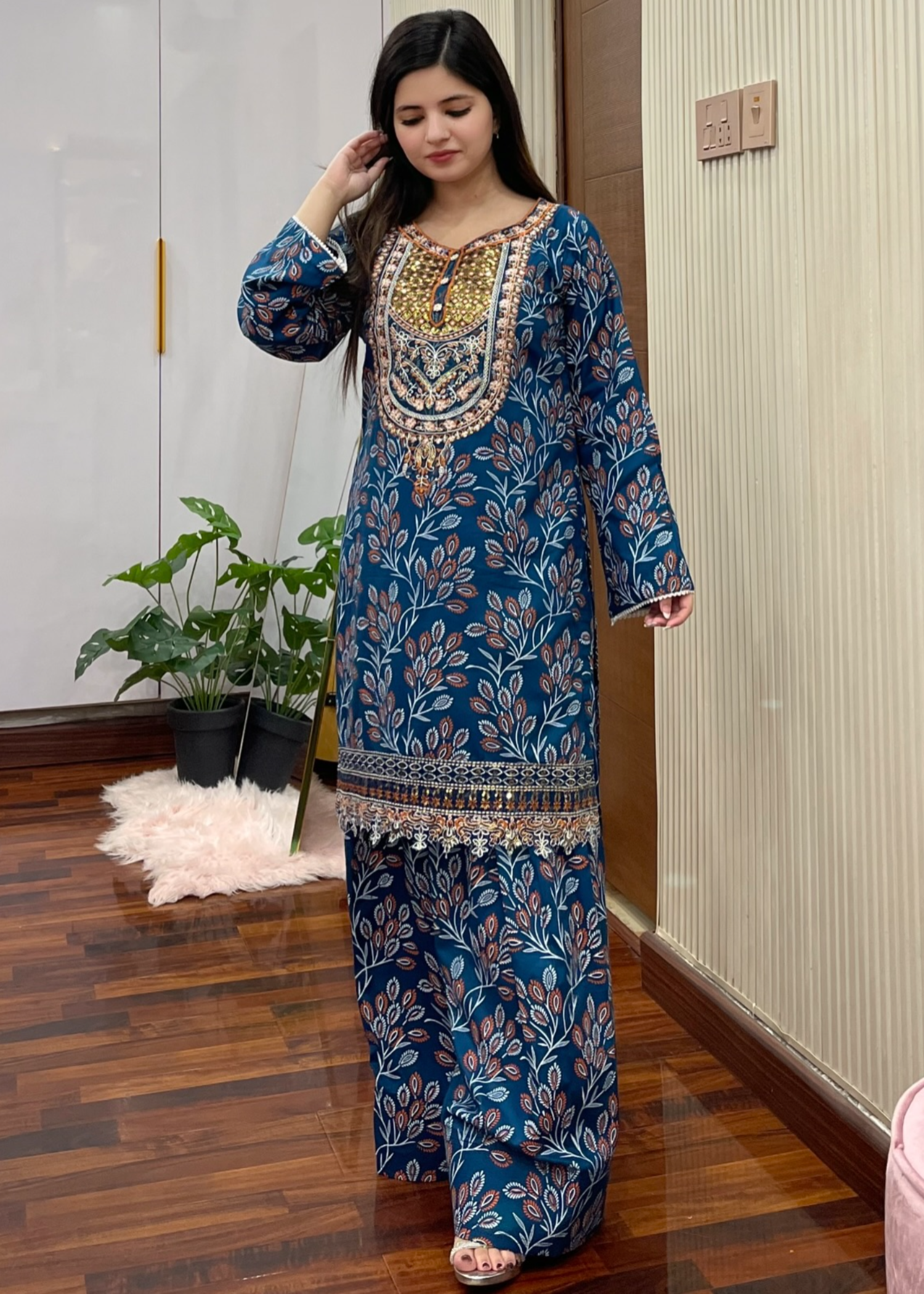 linen Kurta Set in Ocean blue