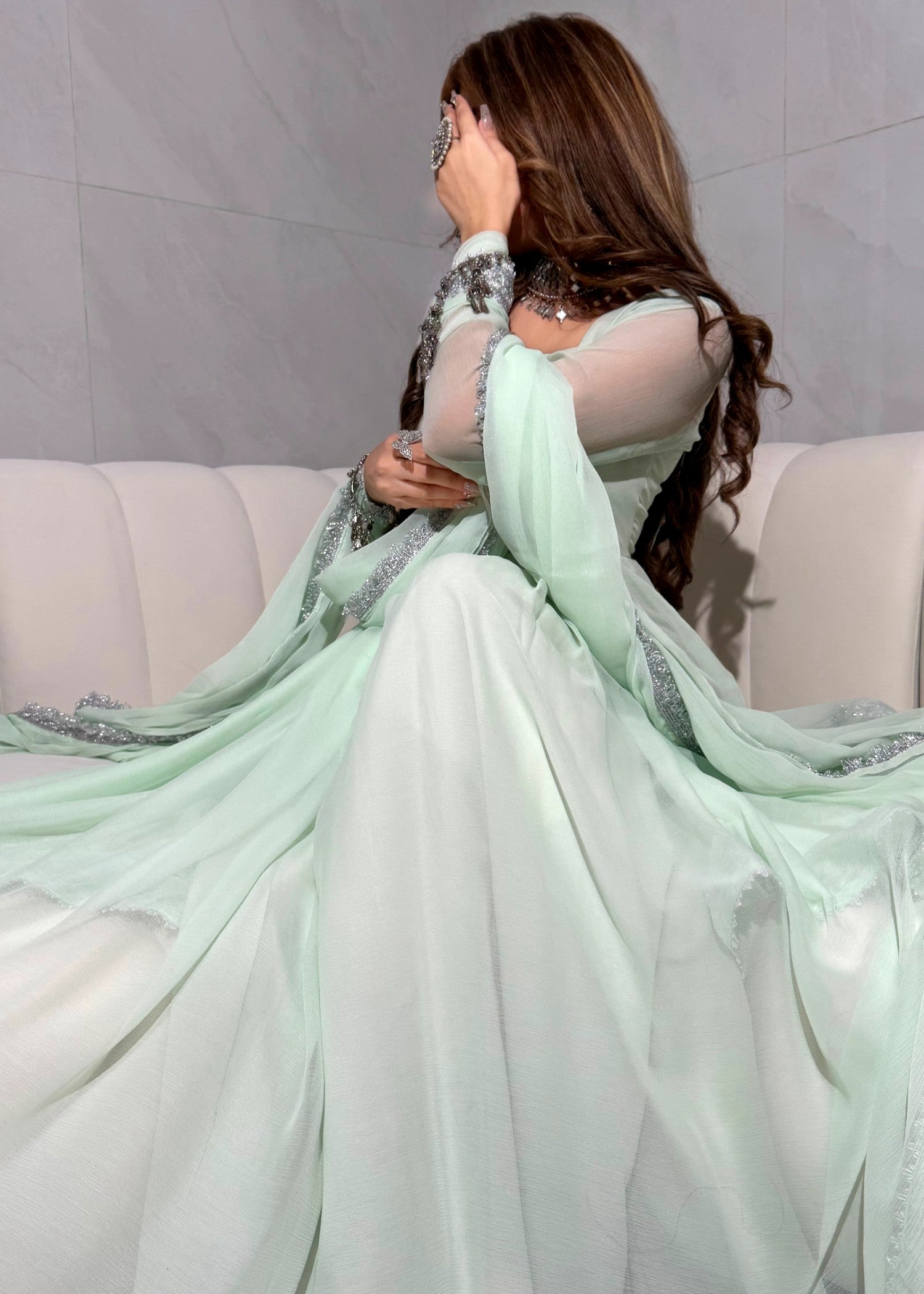 bemberg crinkle chiffon Maxi in Tea green