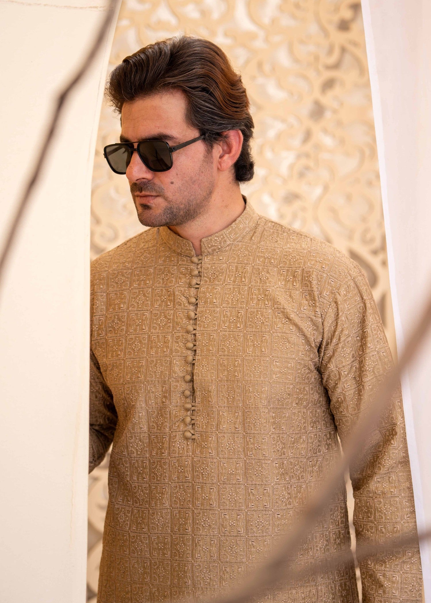 cotton silk Kurta Set in Khaki brown, golden brown