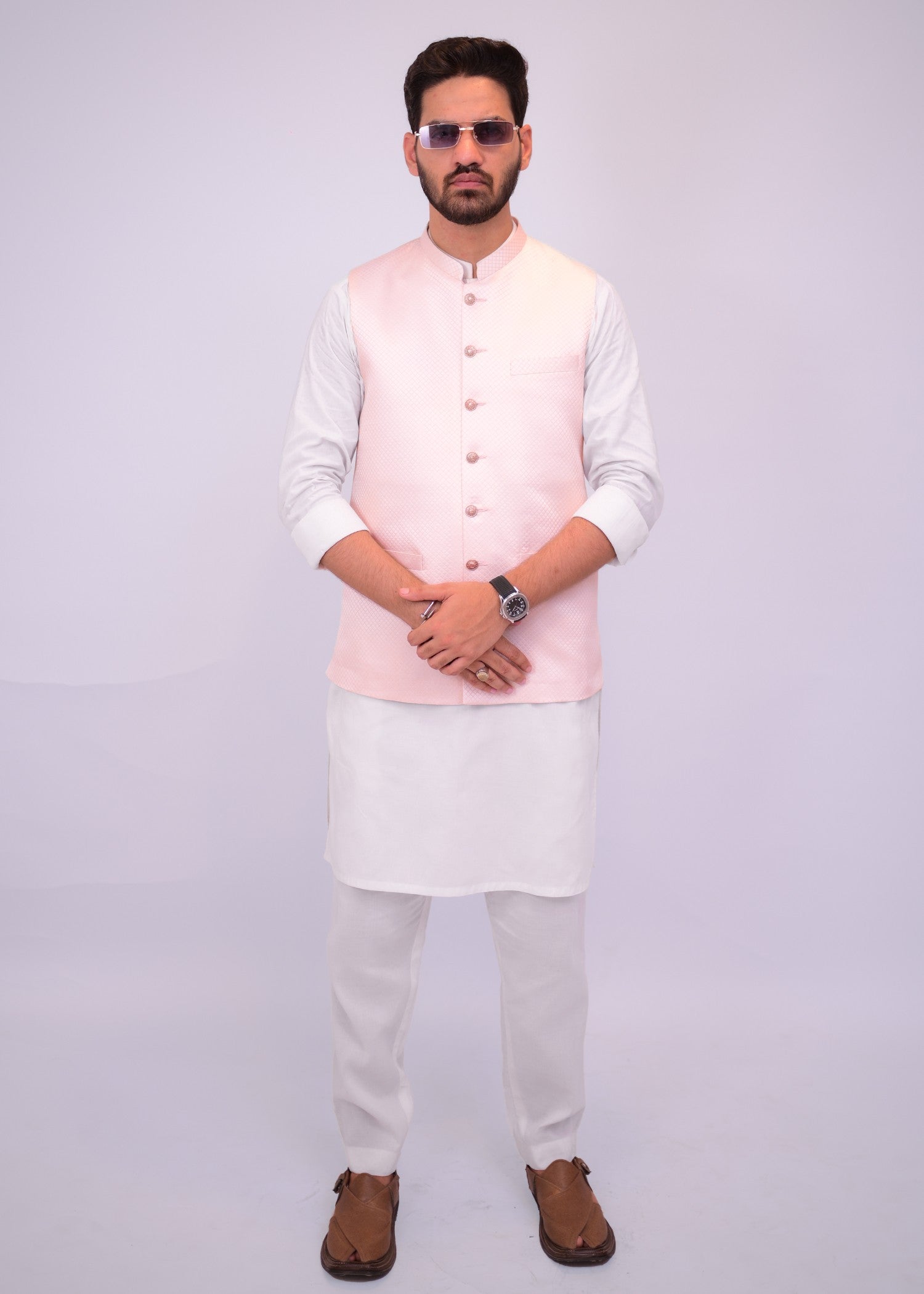 jamawar Waistcoat in Peach pink