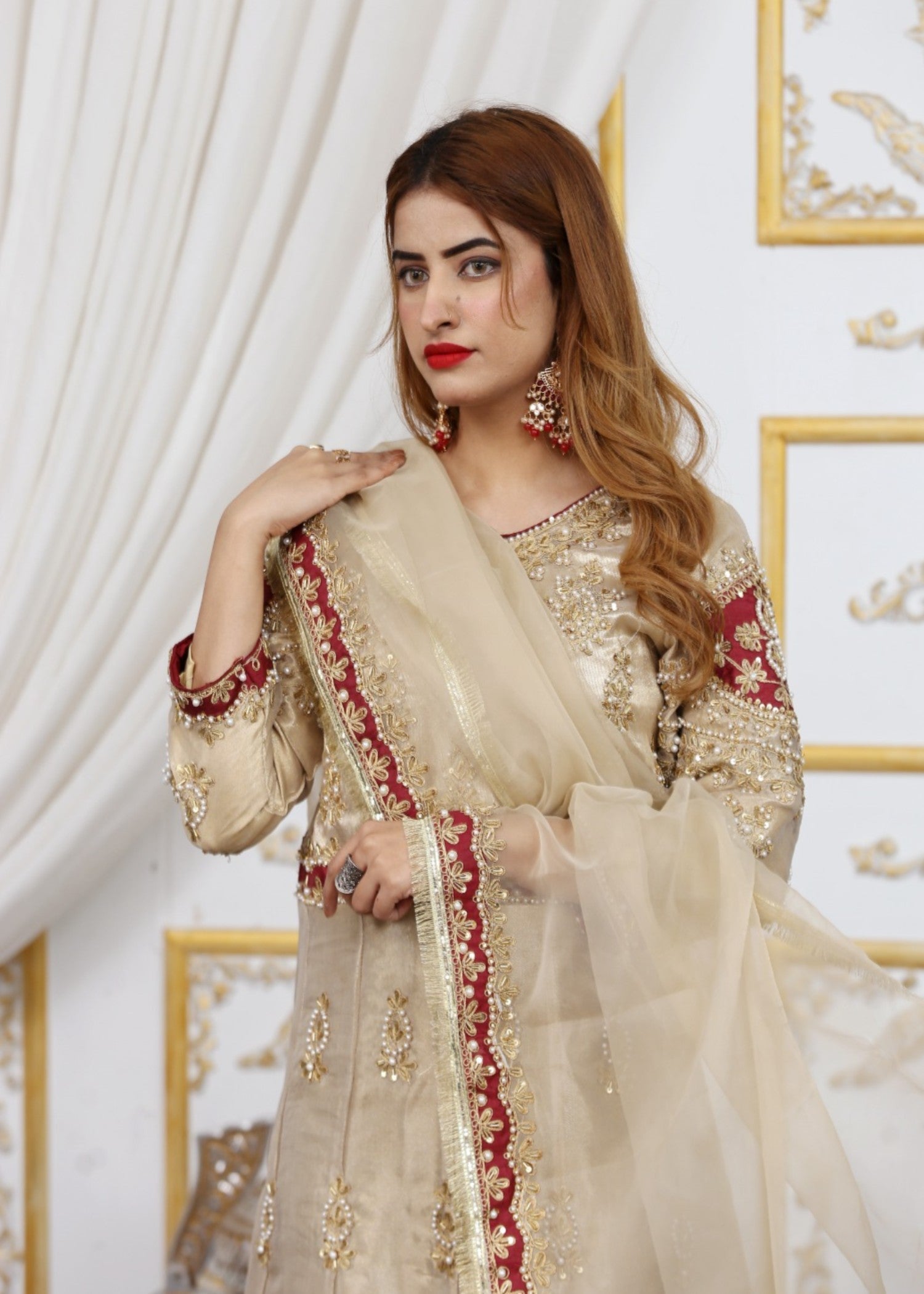 khaddi net shabnam zari Maxi in Beige