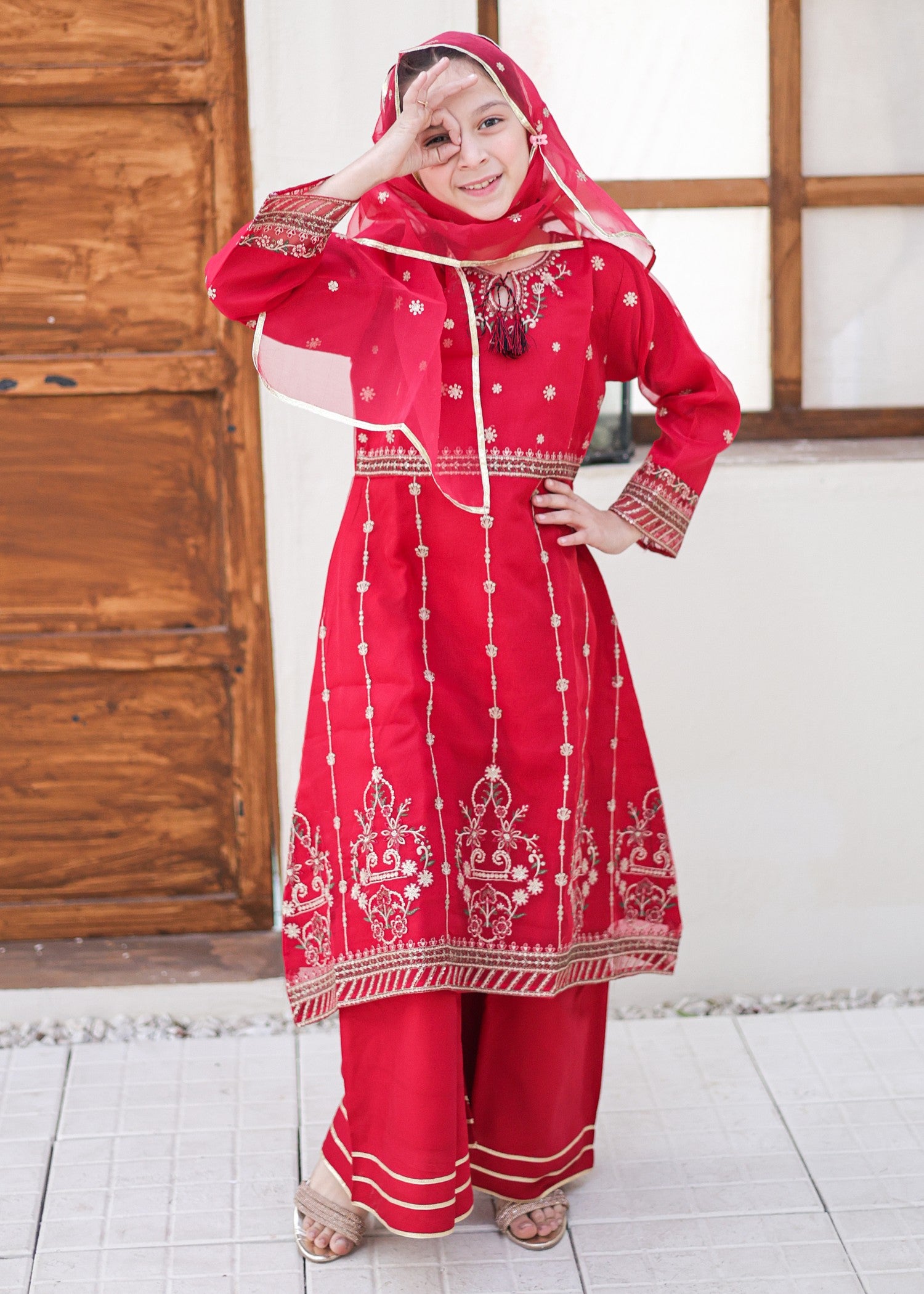 organza Pishwas in Raspberry