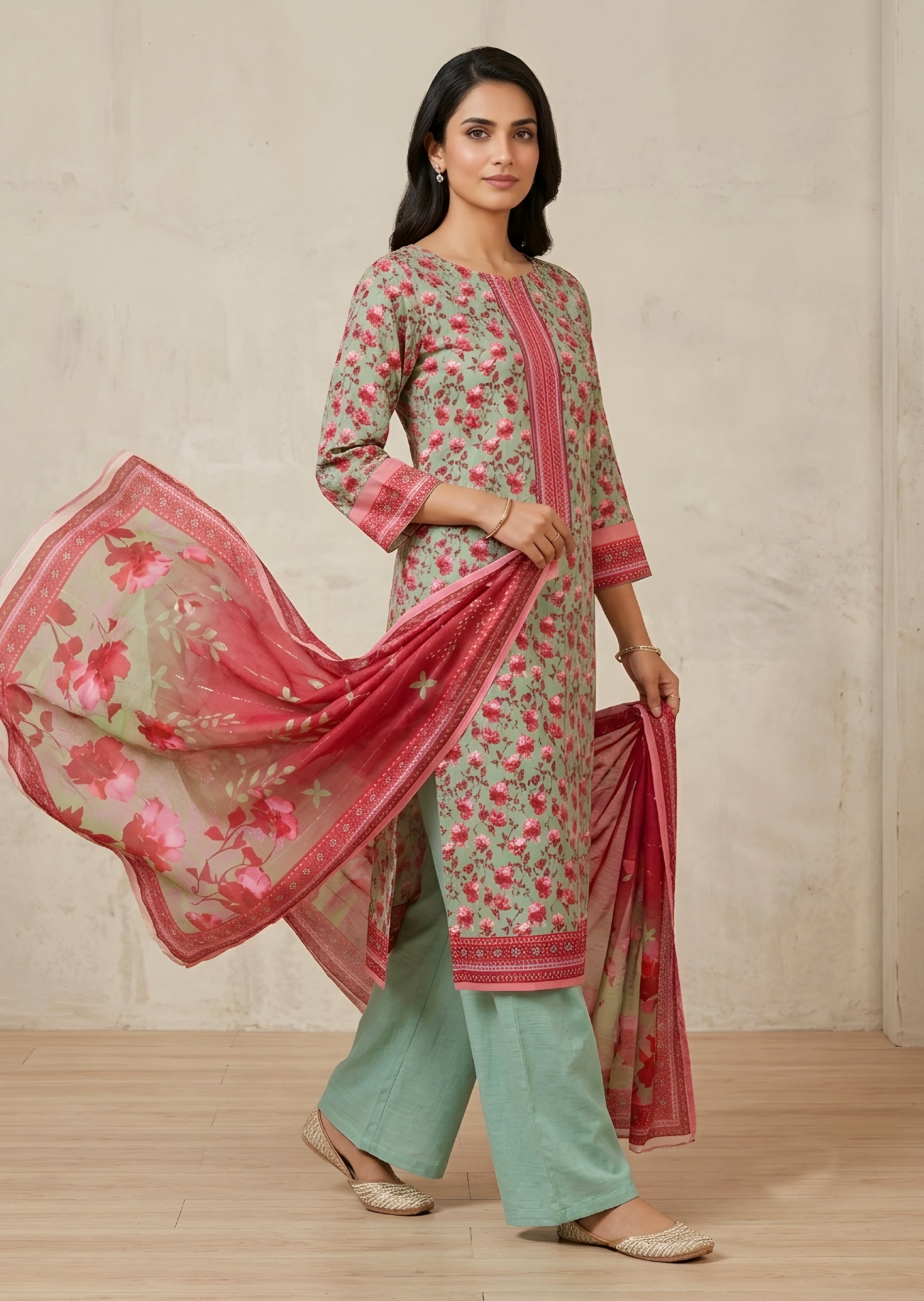 lawn Unstitched in Blush red, moss green