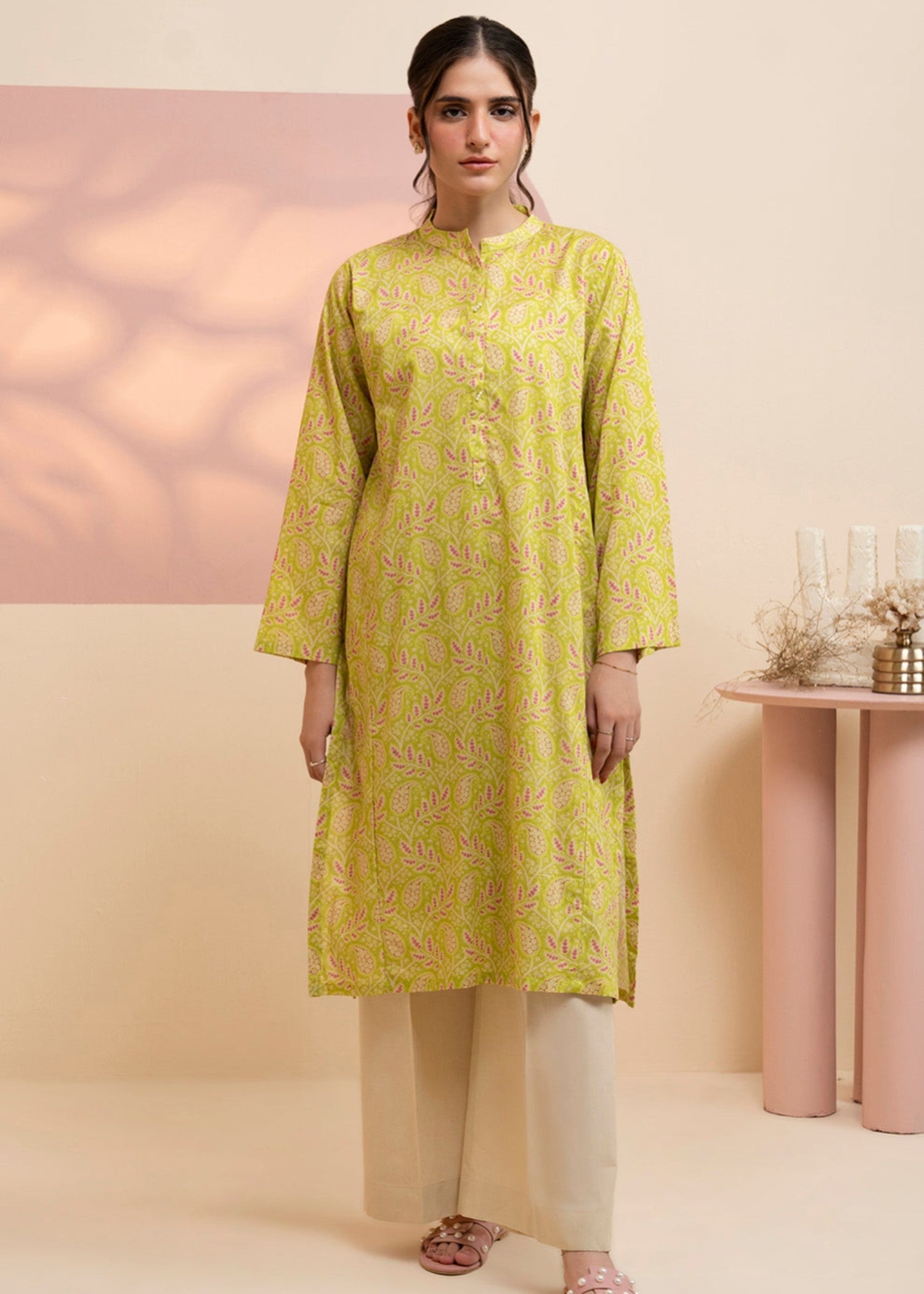 lawn Kurti in Yellow green