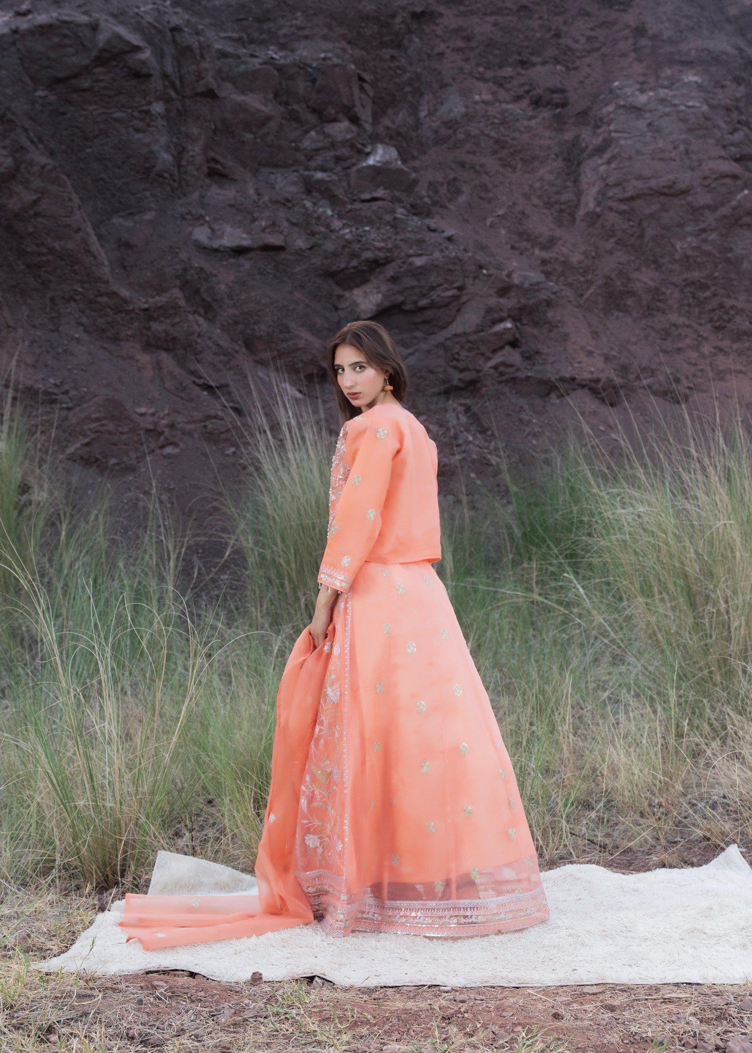 organza Lehenga in Peach orange