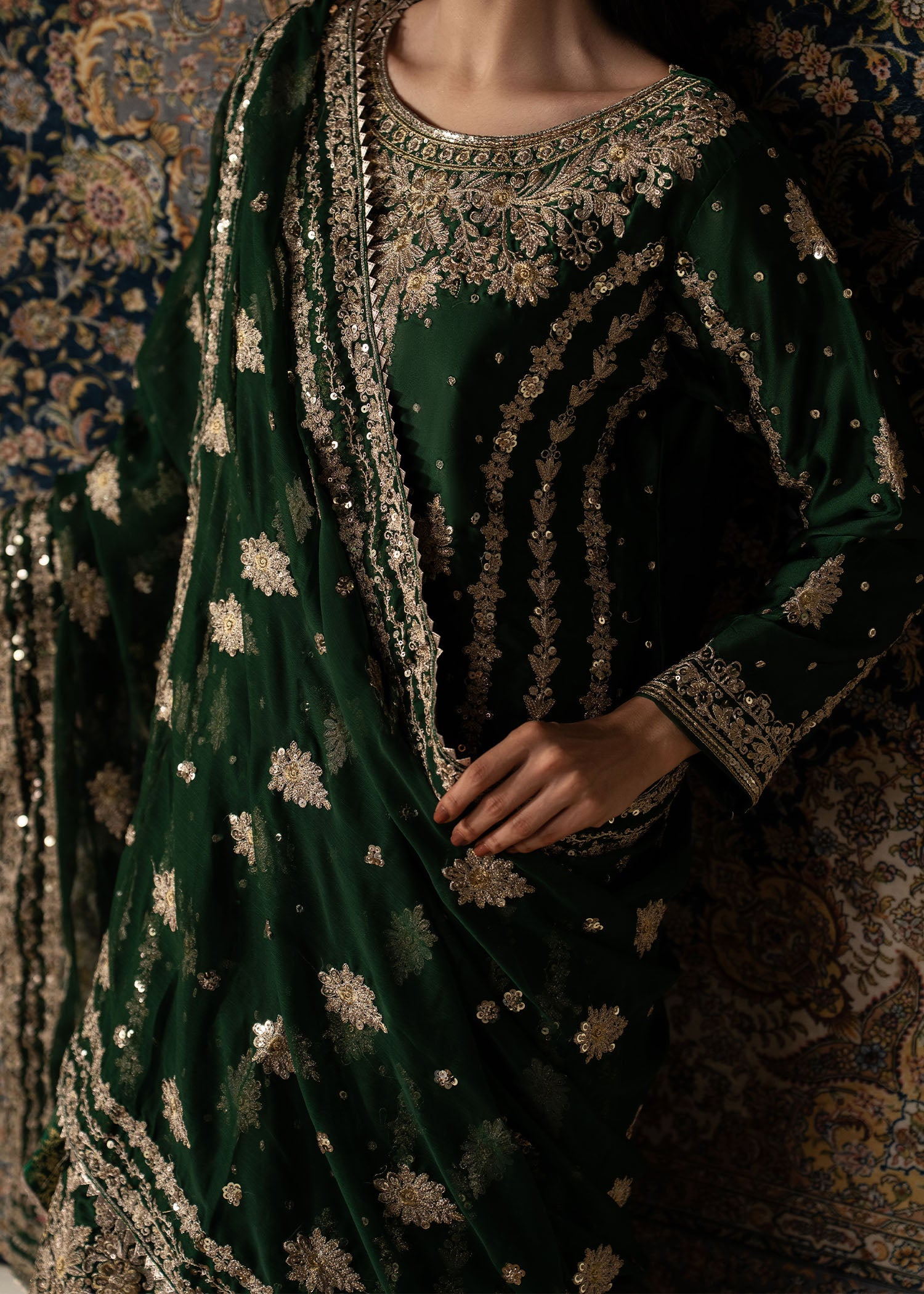 chiffon Gharara in Dark green