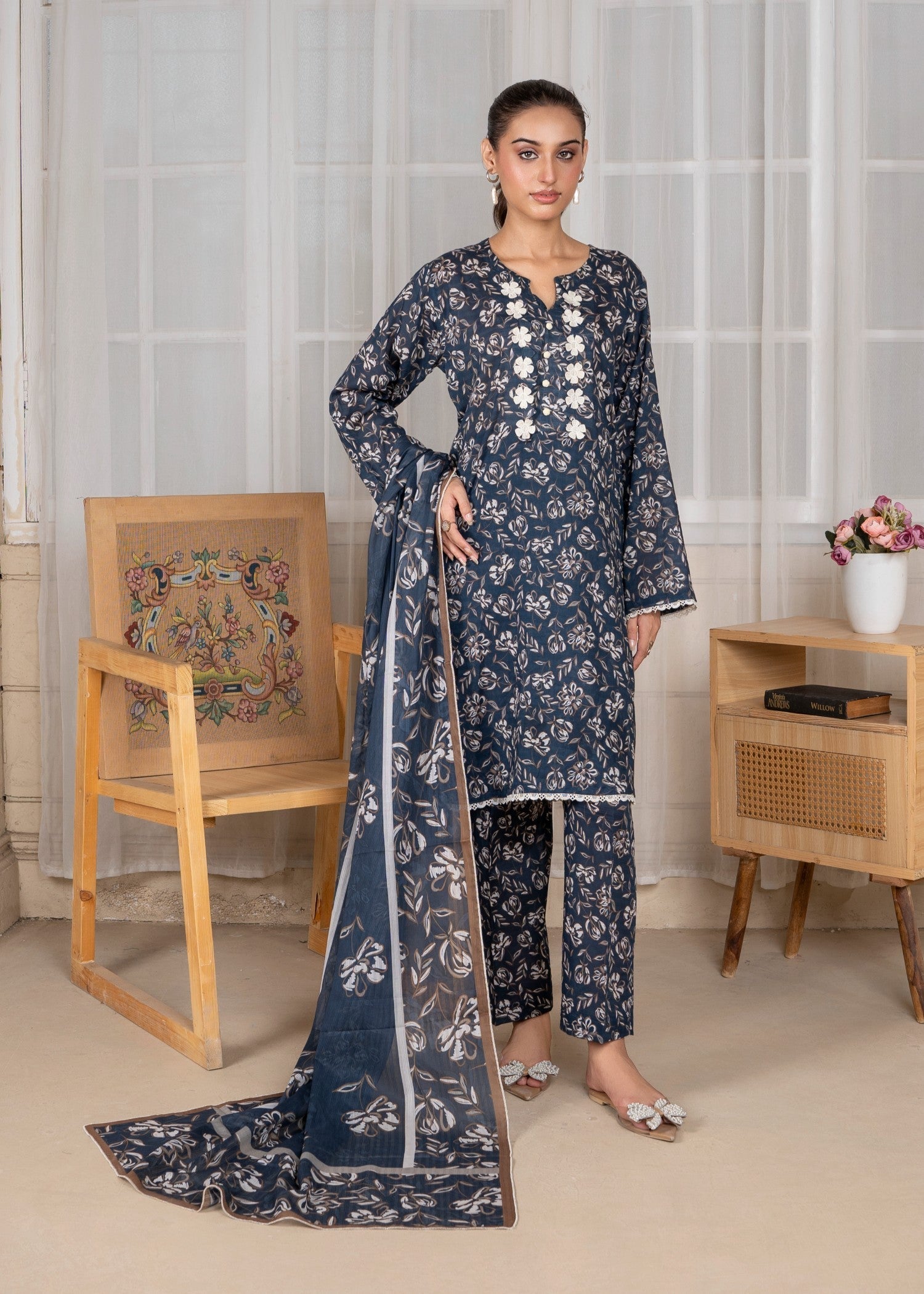 textured lawn Kurta Set in Twilight blue