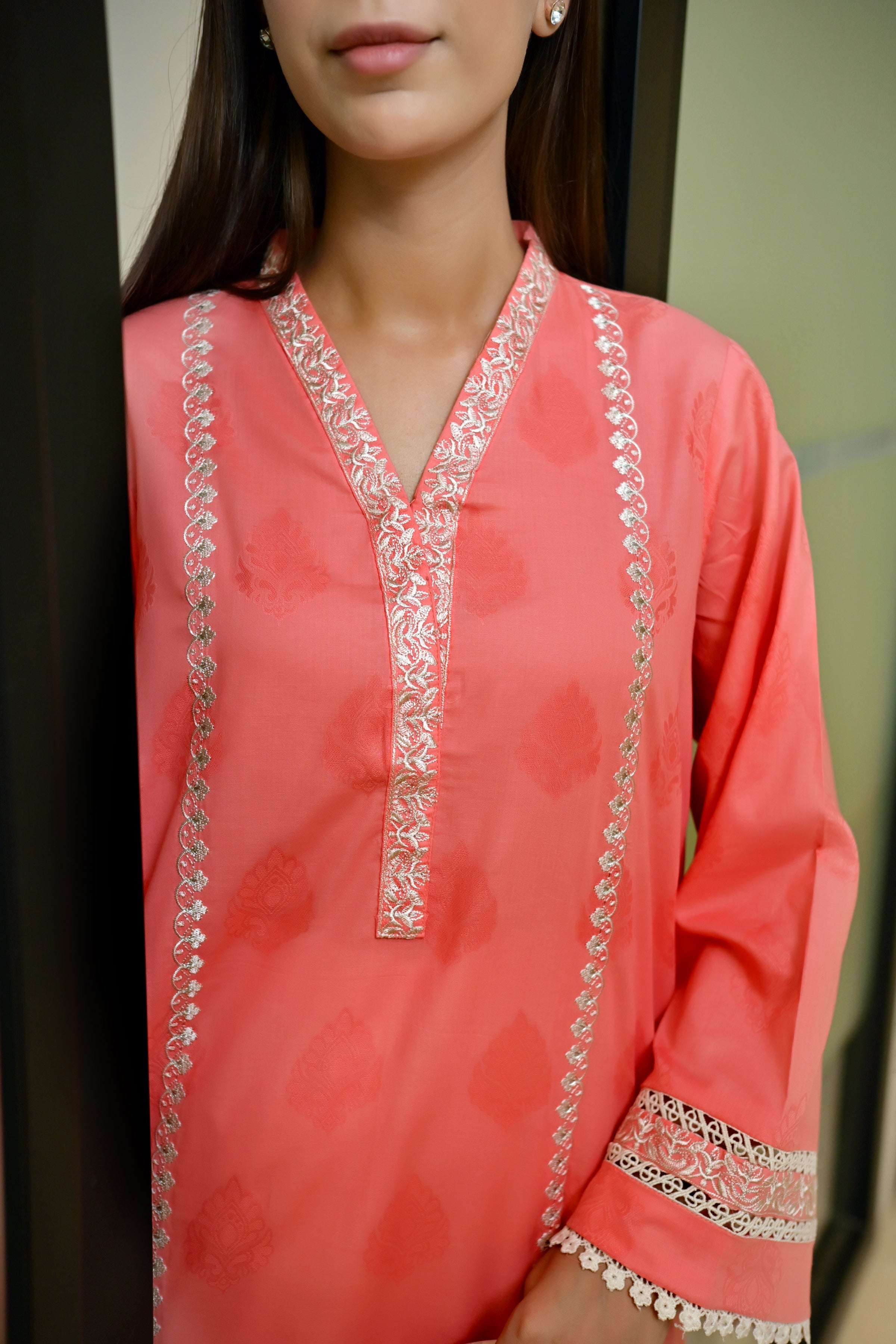 jacquard Kurti in Peach pink