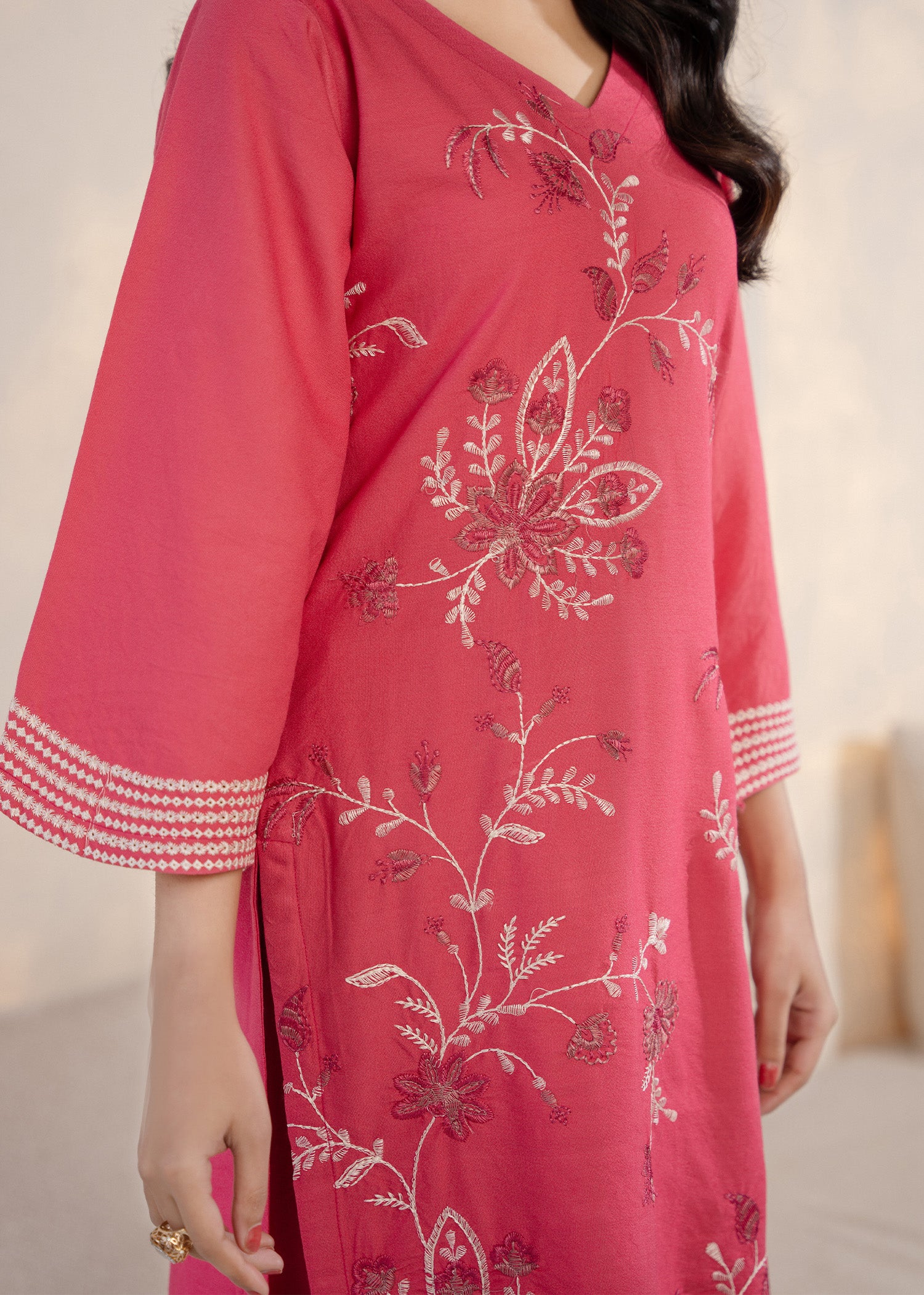 wool viscose Kurta Set in Shocking pink