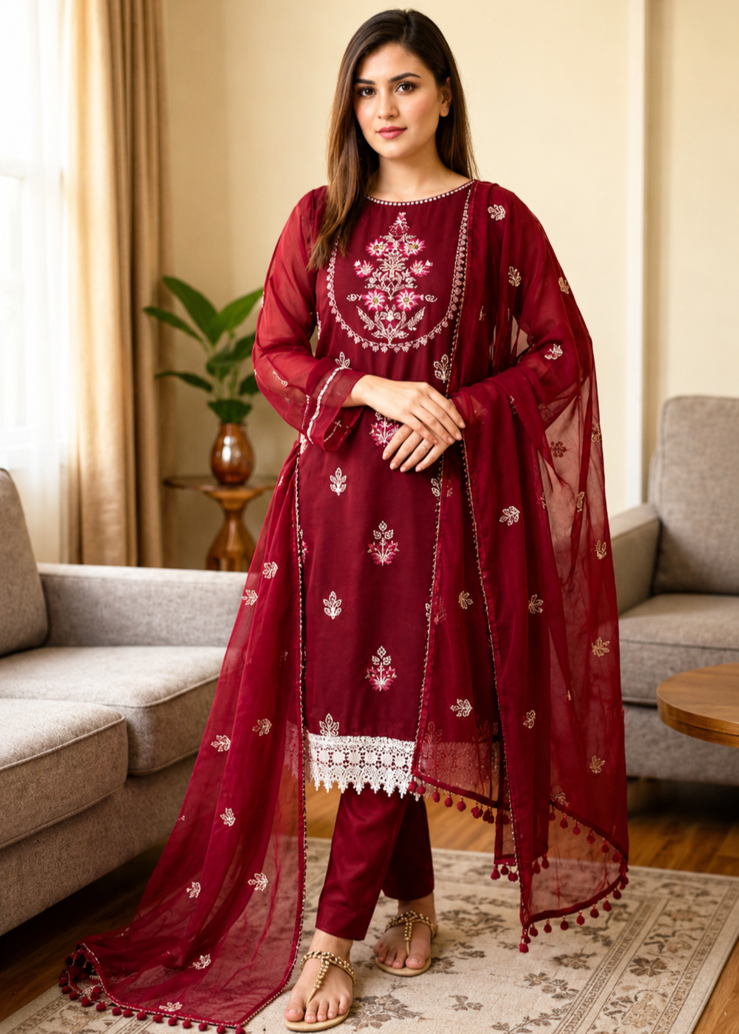 chiffon Kurta Set in Maroon