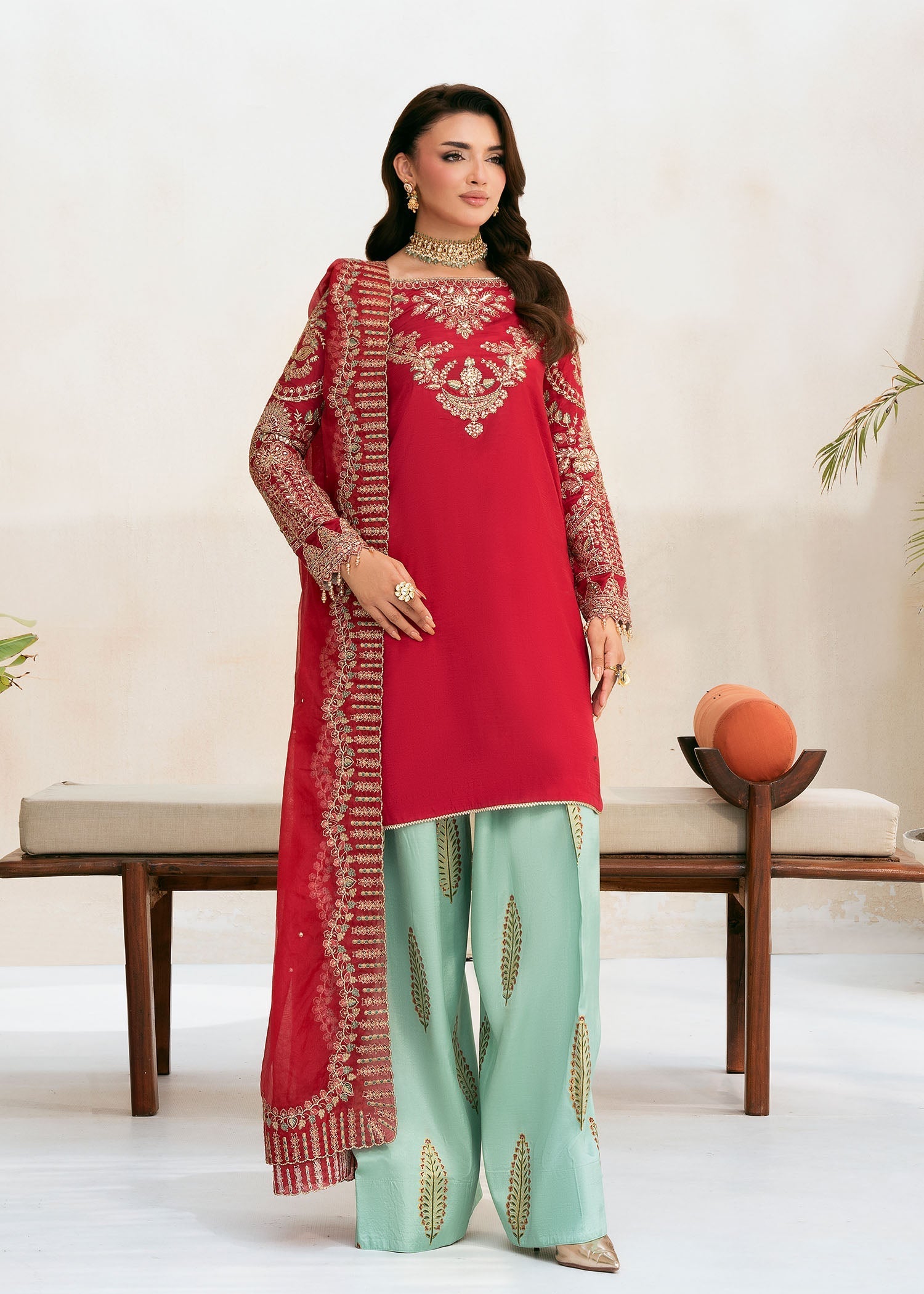 raw silk Kurta Set in Imperial red