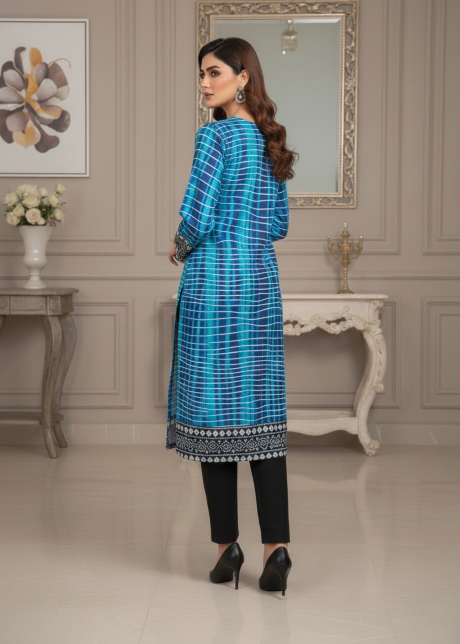 linen Kurta Set in Aquamarine, black, navy blue