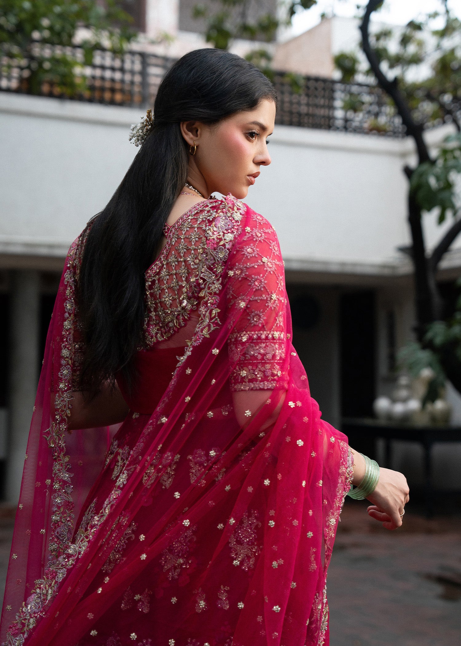 polyester net Unstitched in Hot pink, lusty gallant